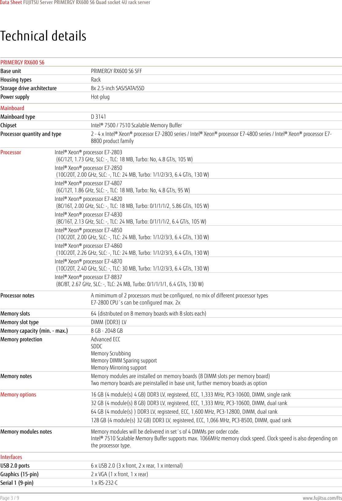 Page 3 of 9 - Fujitsu  PRIMERGY RX600 S6 Data Sheet Ds-py-rx600-s6