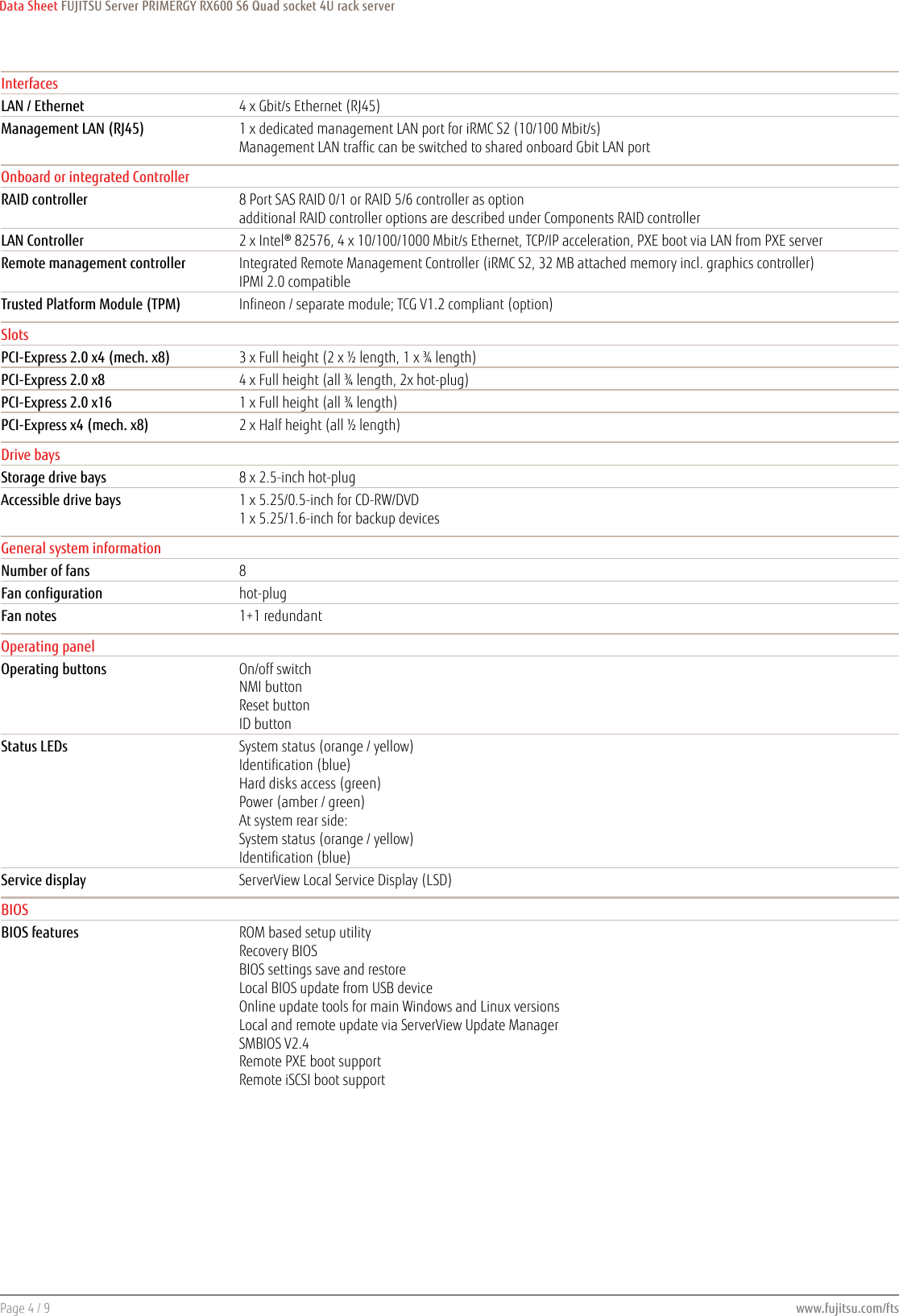 Page 4 of 9 - Fujitsu  PRIMERGY RX600 S6 Data Sheet Ds-py-rx600-s6