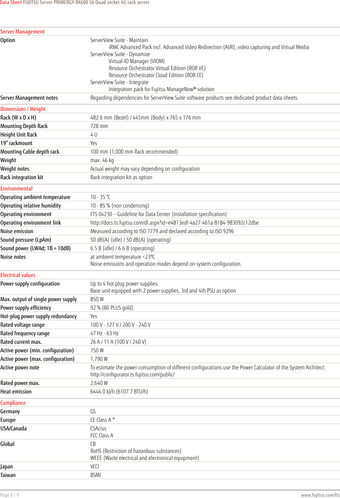 Page 6 of 9 - Fujitsu  PRIMERGY RX600 S6 Data Sheet Ds-py-rx600-s6