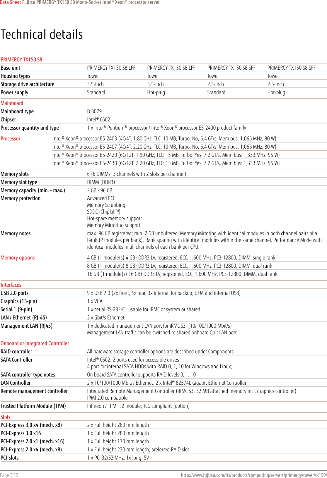 Page 3 of 9 - Fujitsu  PRIMERGY TX150 S8 Tower Server Data Sheet Ds-py-tx150-s8