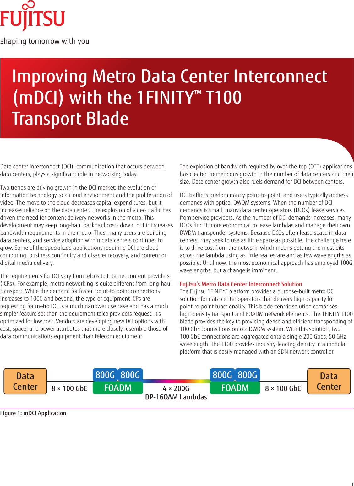 Page 1 of 2 - Fujitsu  Improving Metro Data Center Interconnect (m DCI) With The 1FINITY™ T100 Transport Blade M DCI-Application-Note