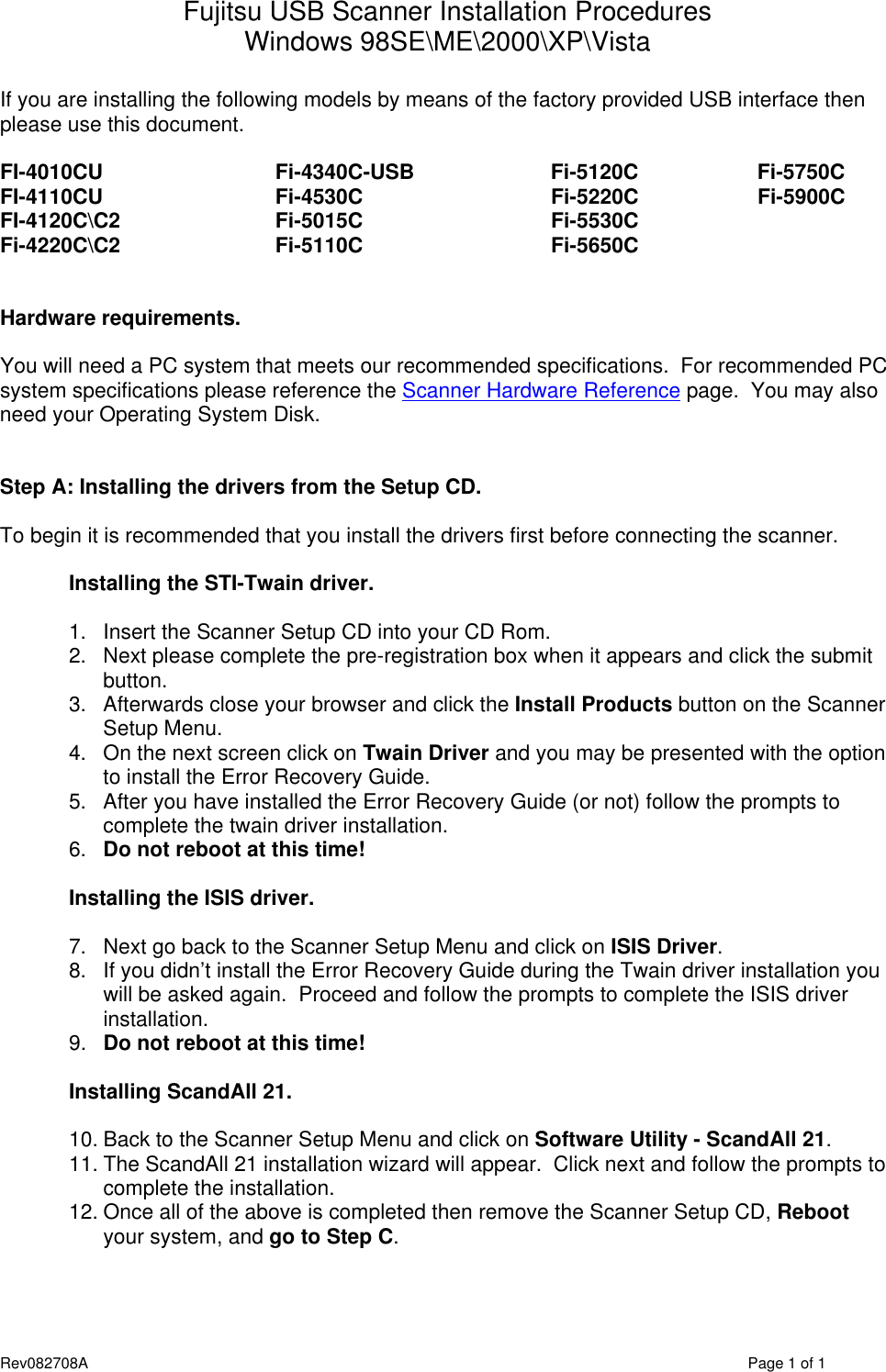 Page 1 of 4 - Fujitsu Scan Partner 15C – Installation Guide If Not Then  Scanner-usb Install