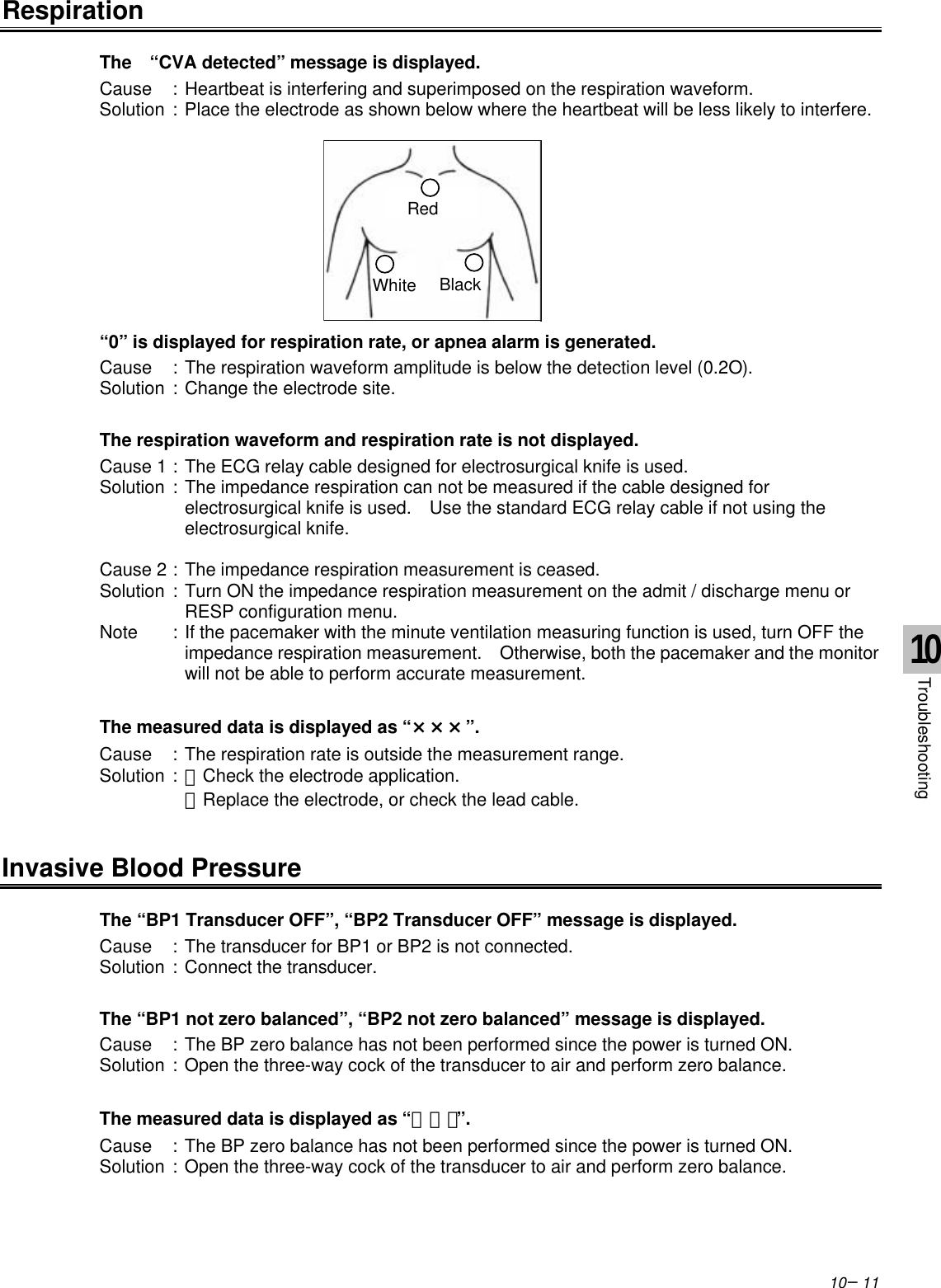 10−11RespirationThe  “CVA detected” message is displayed.Cause :Heartbeat is interfering and superimposed on the respiration waveform.Solution :Place the electrode as shown below where the heartbeat will be less likely to interfere.“0” is displayed for respiration rate, or apnea alarm is generated.Cause :The respiration waveform amplitude is below the detection level (0.2O).Solution :Change the electrode site.The respiration waveform and respiration rate is not displayed.Cause 1 :The ECG relay cable designed for electrosurgical knife is used.Solution :The impedance respiration can not be measured if the cable designed forelectrosurgical knife is used.  Use the standard ECG relay cable if not using theelectrosurgical knife.Cause 2 :The impedance respiration measurement is ceased.Solution :Turn ON the impedance respiration measurement on the admit / discharge menu orRESP configuration menu.Note :If the pacemaker with the minute ventilation measuring function is used, turn OFF theimpedance respiration measurement.  Otherwise, both the pacemaker and the monitorwill not be able to perform accurate measurement.The measured data is displayed as “×××”.Cause :The respiration rate is outside the measurement range.Solution :・Check the electrode application.・Replace the electrode, or check the lead cable.Invasive Blood PressureThe “BP1 Transducer OFF”, “BP2 Transducer OFF” message is displayed.Cause :The transducer for BP1 or BP2 is not connected.Solution :Connect the transducer.The “BP1 not zero balanced”, “BP2 not zero balanced” message is displayed.Cause :The BP zero balance has not been performed since the power is turned ON.Solution :Open the three-way cock of the transducer to air and perform zero balance.The measured data is displayed as “ｰ ｰ ｰ”.Cause :The BP zero balance has not been performed since the power is turned ON.Solution :Open the three-way cock of the transducer to air and perform zero balance.10TroubleshootingRedWhite Black