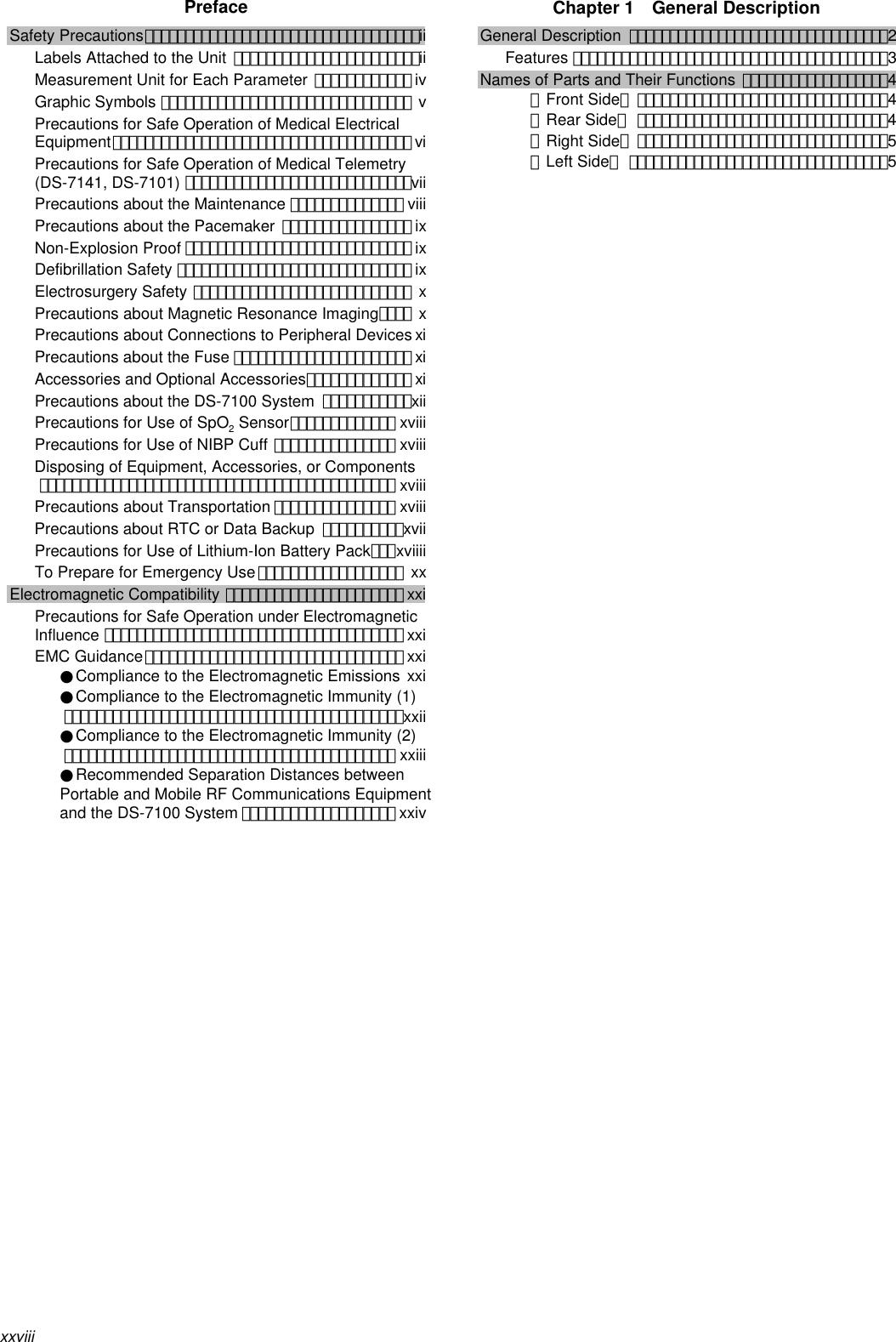 xxviiiPrefaceSafety Precautions･･････････････････････････････････iiLabels Attached to the Unit ･･･････････････････････iiMeasurement Unit for Each Parameter ････････････ ivGraphic Symbols ･･･････････････････････････････ vPrecautions for Safe Operation of Medical ElectricalEquipment･････････････････････････････････････ viPrecautions for Safe Operation of Medical Telemetry(DS-7141, DS-7101) ････････････････････････････viiPrecautions about the Maintenance ･･････････････ viiiPrecautions about the Pacemaker ････････････････ ixNon-Explosion Proof ････････････････････････････ ixDefibrillation Safety ･････････････････････････････ ixElectrosurgery Safety ･･･････････････････････････ xPrecautions about Magnetic Resonance Imaging････ xPrecautions about Connections to Peripheral Devices xiPrecautions about the Fuse ･･････････････････････ xiAccessories and Optional Accessories･････････････ xiPrecautions about the DS-7100 System ･･･････････xiiPrecautions for Use of SpO2 Sensor･････････････ xviiiPrecautions for Use of NIBP Cuff ･･･････････････ xviiiDisposing of Equipment, Accessories, or Components････････････････････････････････････････････ xviiiPrecautions about Transportation ･･･････････････ xviiiPrecautions about RTC or Data Backup ･･････････xviiPrecautions for Use of Lithium-Ion Battery Pack･･･xviiiiTo Prepare for Emergency Use･･････････････････ xxElectromagnetic Compatibility ･･････････････････････ xxiPrecautions for Safe Operation under ElectromagneticInfluence ･････････････････････････････････････ xxiEMC Guidance････････････････････････････････ xxi●Compliance to the Electromagnetic Emissions xxi●Compliance to the Electromagnetic Immunity (1)･･････････････････････････････････････････xxii●Compliance to the Electromagnetic Immunity (2)･････････････････････････････････････････ xxiii●Recommended Separation Distances betweenPortable and Mobile RF Communications Equipmentand the DS-7100 System ･･･････････････････ xxivChapter 1  General DescriptionGeneral Description ････････････････････････････････2Features ･･･････････････････････････････････････3Names of Parts and Their Functions ･･････････････････4【Front Side】･･･････････････････････････････4【Rear Side】･･･････････････････････････････4【Right Side】･･･････････････････････････････5【Left Side】････････････････････････････････5