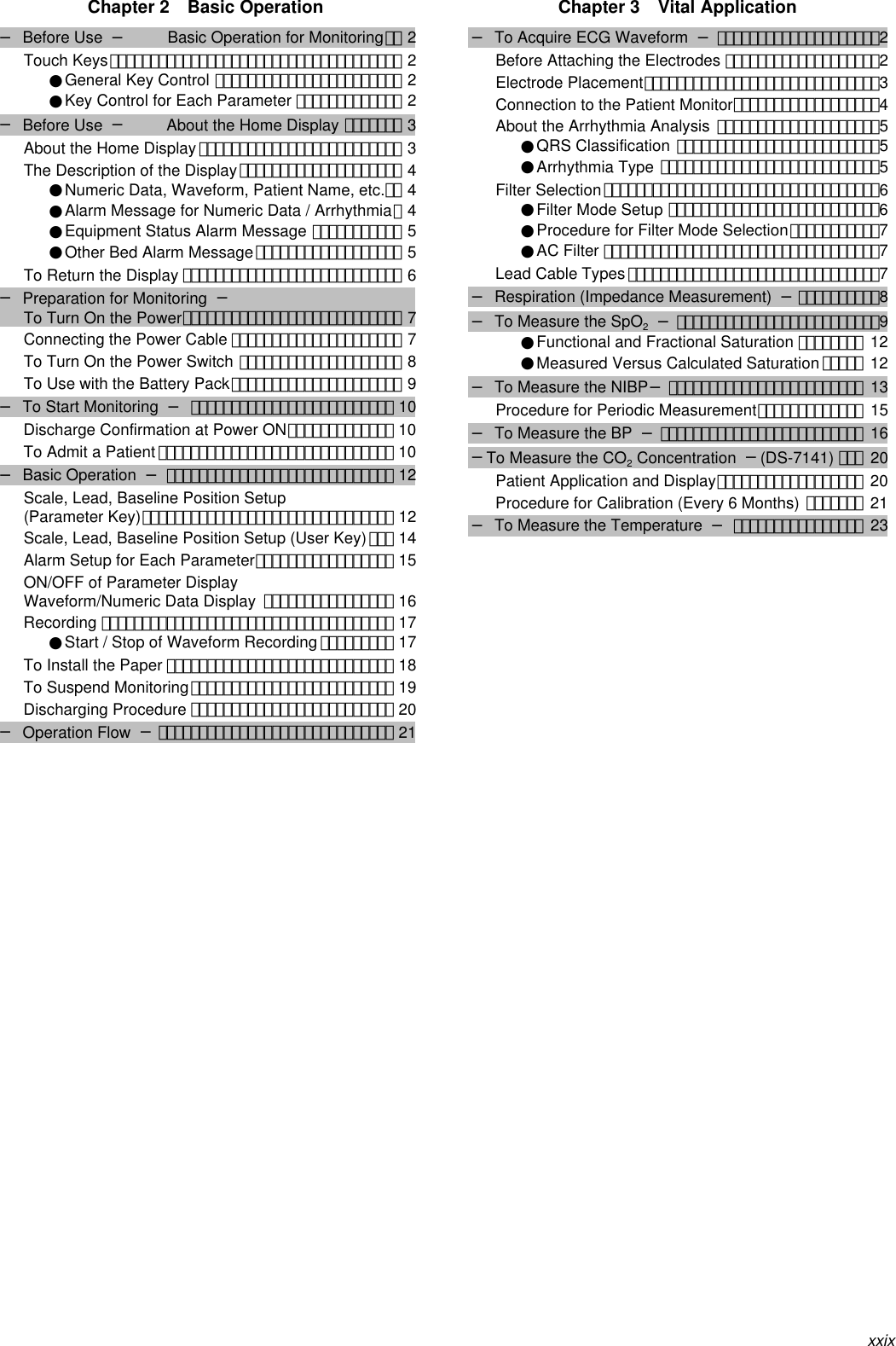 xxixChapter 2  Basic Operation− Before Use  − Basic Operation for Monitoring･･ 2Touch Keys････････････････････････････････････ 2●General Key Control ･･･････････････････････ 2●Key Control for Each Parameter ･････････････ 2− Before Use  − About the Home Display ･･･････ 3About the Home Display･････････････････････････ 3The Description of the Display････････････････････ 4●Numeric Data, Waveform, Patient Name, etc.･･ 4●Alarm Message for Numeric Data / Arrhythmia･4●Equipment Status Alarm Message ･･･････････ 5●Other Bed Alarm Message･･････････････････ 5To Return the Display ･･･････････････････････････ 6− Preparation for Monitoring  −To Turn On the Power･･･････････････････････････ 7Connecting the Power Cable ･････････････････････ 7To Turn On the Power Switch ････････････････････ 8To Use with the Battery Pack･････････････････････ 9− To Start Monitoring  −･････････････････････････ 10Discharge Confirmation at Power ON･････････････ 10To Admit a Patient ･････････････････････････････ 10− Basic Operation  −････････････････････････････ 12Scale, Lead, Baseline Position Setup(Parameter Key)･･･････････････････････････････ 12Scale, Lead, Baseline Position Setup (User Key)･･･ 14Alarm Setup for Each Parameter･････････････････ 15ON/OFF of Parameter DisplayWaveform/Numeric Data Display ････････････････ 16Recording ････････････････････････････････････ 17●Start / Stop of Waveform Recording ･････････ 17To Install the Paper ････････････････････････････ 18To Suspend Monitoring･････････････････････････ 19Discharging Procedure ･････････････････････････ 20− Operation Flow  −･････････････････････････････ 21Chapter 3  Vital Application− To Acquire ECG Waveform  −････････････････････2Before Attaching the Electrodes ･･･････････････････2Electrode Placement･････････････････････････････3Connection to the Patient Monitor･･････････････････4About the Arrhythmia Analysis ････････････････････5●QRS Classification ･････････････････････････5●Arrhythmia Type ･･･････････････････････････5Filter Selection･･････････････････････････････････6●Filter Mode Setup ･･････････････････････････6●Procedure for Filter Mode Selection･･･････････7●AC Filter ･･････････････････････････････････7Lead Cable Types･･･････････････････････････････7− Respiration (Impedance Measurement)  −･･････････8− To Measure the SpO2 −･････････････････････････9●Functional and Fractional Saturation ････････ 12●Measured Versus Calculated Saturation ･････ 12− To Measure the NIBP−････････････････････････ 13Procedure for Periodic Measurement･････････････ 15− To Measure the BP  −･････････････････････････ 16−To Measure the CO2 Concentration  −(DS-7141) ･･･ 20Patient Application and Display･･････････････････ 20Procedure for Calibration (Every 6 Months) ･･･････ 21− To Measure the Temperature  −････････････････ 23