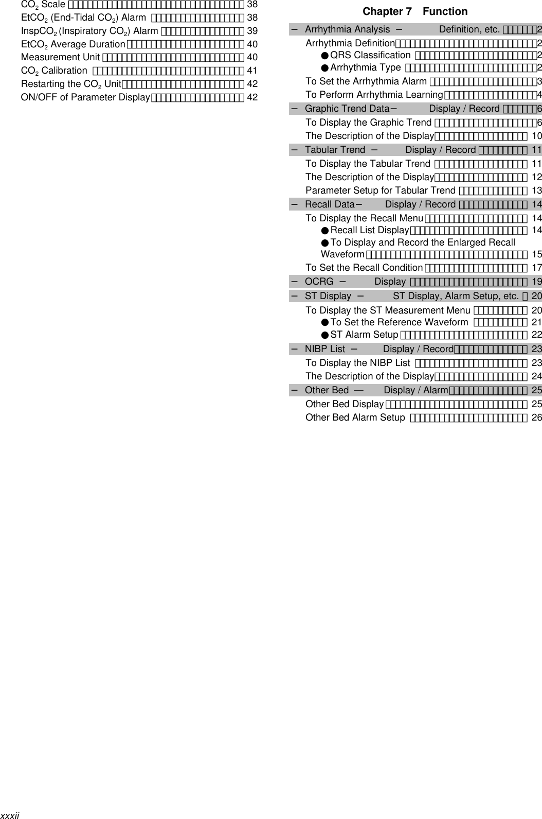 xxxiiCO2 Scale ････････････････････････････････････ 38EtCO2 (End-Tidal CO2) Alarm ･･･････････････････ 38InspCO2 (Inspiratory CO2) Alarm ･････････････････ 39EtCO2 Average Duration････････････････････････ 40Measurement Unit ･････････････････････････････ 40CO2 Calibration ･･･････････････････････････････ 41Restarting the CO2 Unit･････････････････････････ 42ON/OFF of Parameter Display･･･････････････････ 42Chapter 7  Function− Arrhythmia Analysis  −Definition, etc. ･･･････2Arrhythmia Definition･････････････････････････････2●QRS Classification ･････････････････････････2●Arrhythmia Type ･･･････････････････････････2To Set the Arrhythmia Alarm ･･････････････････････3To Perform Arrhythmia Learning･･･････････････････4− Graphic Trend Data−Display / Record ･･･････6To Display the Graphic Trend ･････････････････････6The Description of the Display･･･････････････････ 10− Tabular Trend  −Display / Record ･･････････ 11To Display the Tabular Trend ･･･････････････････ 11The Description of the Display･･･････････････････ 12Parameter Setup for Tabular Trend ･･････････････ 13− Recall Data−Display / Record ･･････････････ 14To Display the Recall Menu･････････････････････ 14●Recall List Display････････････････････････ 14●To Display and Record the Enlarged RecallWaveform･････････････････････････････････ 15To Set the Recall Condition･････････････････････ 17− OCRG −Display ････････････････････････ 19− ST Display  − ST Display, Alarm Setup, etc. ･20To Display the ST Measurement Menu ･･･････････ 20●To Set the Reference Waveform ･･･････････ 21●ST Alarm Setup ･･････････････････････････ 22− NIBP List  −Display / Record･･･････････････ 23To Display the NIBP List ･･･････････････････････ 23The Description of the Display･･･････････････････ 24− Other Bed  ―Display / Alarm････････････････ 25Other Bed Display･････････････････････････････ 25Other Bed Alarm Setup ････････････････････････ 26