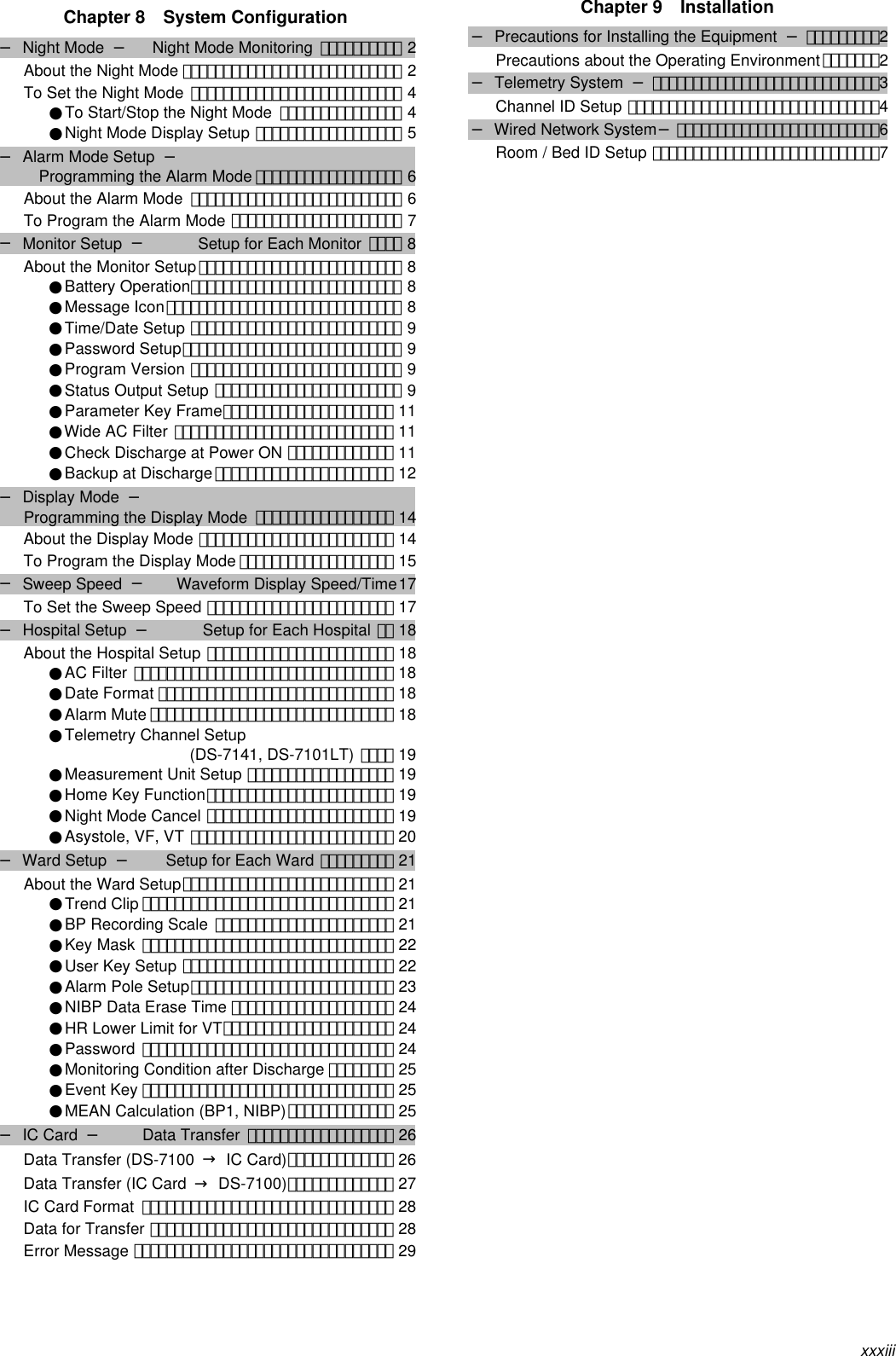 xxxiiiChapter 8  System Configuration− Night Mode  −   Night Mode Monitoring ･･････････ 2About the Night Mode ･･･････････････････････････ 2To Set the Night Mode ･･････････････････････････ 4●To Start/Stop the Night Mode ･･･････････････ 4●Night Mode Display Setup ･･････････････････ 5− Alarm Mode Setup  −Programming the Alarm Mode ･･････････････････ 6About the Alarm Mode ･･････････････････････････ 6To Program the Alarm Mode ･････････････････････ 7− Monitor Setup  − Setup for Each Monitor ････ 8About the Monitor Setup･････････････････････････ 8●Battery Operation･･････････････････････････ 8●Message Icon･････････････････････････････ 8●Time/Date Setup ･･････････････････････････ 9●Password Setup･･･････････････････････････ 9●Program Version ･･････････････････････････ 9●Status Output Setup ･･･････････････････････ 9●Parameter Key Frame･････････････････････ 11●Wide AC Filter ･･･････････････････････････ 11●Check Discharge at Power ON ･････････････ 11●Backup at Discharge･･････････････････････ 12− Display Mode  −Programming the Display Mode ･････････････････ 14About the Display Mode ････････････････････････ 14To Program the Display Mode ･･･････････････････ 15− Sweep Speed  −Waveform Display Speed/Time17To Set the Sweep Speed ･･･････････････････････ 17− Hospital Setup  − Setup for Each Hospital ･･ 18About the Hospital Setup ･･･････････････････････ 18●AC Filter ････････････････････････････････ 18●Date Format ･････････････････････････････ 18●Alarm Mute ･･････････････････････････････ 18●Telemetry Channel Setup(DS-7141, DS-7101LT) ････ 19●Measurement Unit Setup ･･････････････････ 19●Home Key Function･･･････････････････････ 19●Night Mode Cancel ･･･････････････････････ 19●Asystole, VF, VT ･････････････････････････ 20− Ward Setup  −Setup for Each Ward ･････････ 21About the Ward Setup･･････････････････････････ 21●Trend Clip ･･･････････････････････････････ 21●BP Recording Scale ･･････････････････････ 21●Key Mask ･･･････････････････････････････ 22●User Key Setup ･･････････････････････････ 22●Alarm Pole Setup･････････････････････････ 23●NIBP Data Erase Time ････････････････････ 24●HR Lower Limit for VT･････････････････････ 24●Password ･･･････････････････････････････ 24●Monitoring Condition after Discharge ････････ 25●Event Key ･･･････････････････････････････ 25●MEAN Calculation (BP1, NIBP)･････････････ 25− IC Card  − Data Transfer ･･････････････････ 26Data Transfer (DS-7100  → IC Card)･････････････ 26Data Transfer (IC Card  → DS-7100)･････････････ 27IC Card Format ･･･････････････････････････････ 28Data for Transfer ･･････････････････････････････ 28Error Message ････････････････････････････････ 29Chapter 9  Installation− Precautions for Installing the Equipment  −･････････2Precautions about the Operating Environment･･･････2− Telemetry System  −････････････････････････････3Channel ID Setup ･･･････････････････････････････4− Wired Network System−･････････････････････････6Room / Bed ID Setup ････････････････････････････7