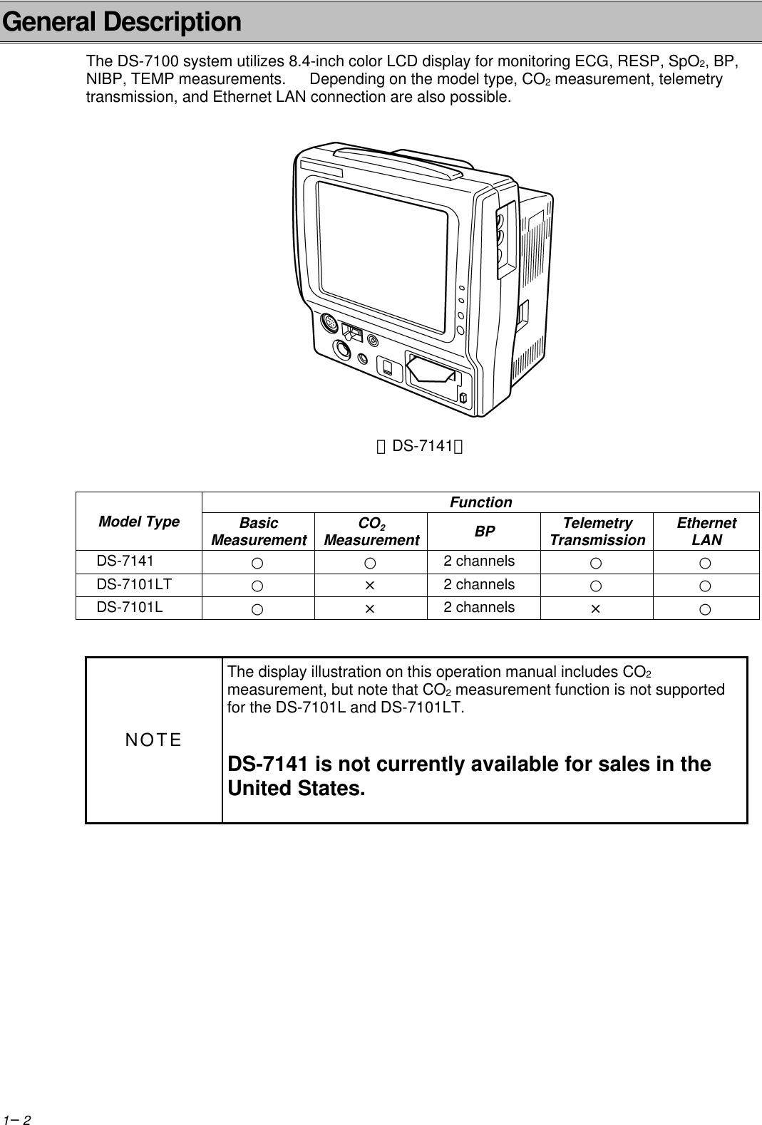 1−2General DescriptionThe DS-7100 system utilizes 8.4-inch color LCD display for monitoring ECG, RESP, SpO2, BP,NIBP, TEMP measurements.   Depending on the model type, CO2 measurement, telemetrytransmission, and Ethernet LAN connection are also possible.＜DS-7141＞FunctionModel Type BasicMeasurement CO2Measurement BP TelemetryTransmission EthernetLANDS-7141 ○ ○ 2 channels ○ ○DS-7101LT ○ × 2 channels ○ ○DS-7101L ○ × 2 channels × ○NOTEThe display illustration on this operation manual includes CO2measurement, but note that CO2 measurement function is not supportedfor the DS-7101L and DS-7101LT.DS-7141 is not currently available for sales in theUnited States.