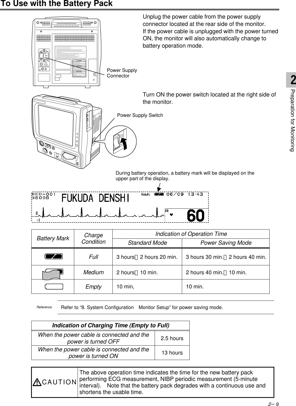 2−9To Use with the Battery PackUnplug the power cable from the power supplyconnector located at the rear side of the monitor.If the power cable is unplugged with the power turnedON, the monitor will also automatically change tobattery operation mode.Turn ON the power switch located at the right side ofthe monitor.Indication of Operation TimeBattery Mark ChargeCondition Standard Mode Power Saving ModeFull 3 hours∼2 hours 20 min. 3 hours 30 min.∼2 hours 40 min.Medium 2 hours∼10 min. 2 hours 40 min.∼10 min.Empty 10 min, 10 min.ReferenceRefer to “8. System Configuration  Monitor Setup” for power saving mode.Indication of Charging Time (Empty to Full)When the power cable is connected and thepower is turned OFF 2.5 hoursWhen the power cable is connected and thepower is turned ON 13 hoursCAUTIONThe above operation time indicates the time for the new battery packperforming ECG measurement, NIBP periodic measurement (5-minuteinterval).  Note that the battery pack degrades with a continuous use andshortens the usable time.Power SupplyConnectorPower Supply SwitchDuring battery operation, a battery mark will be displayed on theupper part of the display.2Preparation for Monitoring