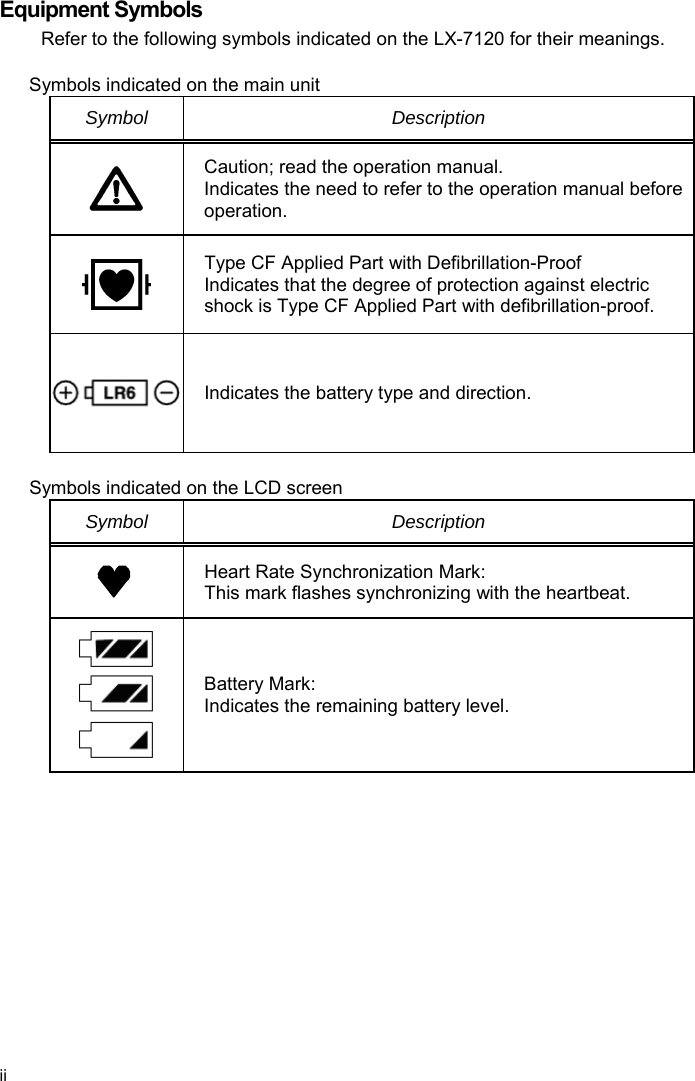  Equipment Symbols Refer to the following symbols indicated on the LX-7120 for their meanings.  Symbols indicated on the main unit Symbol Description  Caution; read the operation manual. Indicates the need to refer to the operation manual before operation.  Type CF Applied Part with Defibrillation-Proof Indicates that the degree of protection against electric shock is Type CF Applied Part with defibrillation-proof. Indicates the battery type and direction.  Symbols indicated on the LCD screen Symbol Description   Heart Rate Synchronization Mark: This mark flashes synchronizing with the heartbeat.  Battery Mark: Indicates the remaining battery level. ii 