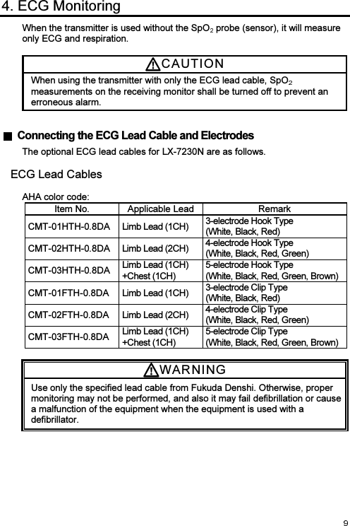  4. ECG Monitoring When the transmitter is used without the SpO  probe (sensor), it will measure only ECG and respiration.  CAUTI O N  When using the transmitter with only the ECG lead cable, SpO  measurements on the receiving monitor shall be turned off to prevent an erroneous alarm.   Connecting the ECG Lead Cable and Electrodes The optional ECG lead cables for LX-7230N are as follows.  ECG Lead Cables  AHA color code: Item No.  Applicable Lead Remark CMT-01HTH-0.8DA Limb Lead (1CH)  3-electrode Hook Type (White, Black, Red) CMT-02HTH-0.8DA Limb Lead (2CH)  4-electrode Hook Type (White, Black, Red, Green) CMT-03HTH-0.8DA Limb Lead (1CH) +Chest (1CH) 5-electrode Hook Type (White, Black, Red, Green, Brown) CMT-01FTH-0.8DA  Limb Lead (1CH)  3-electrode Clip Type (White, Black, Red) CMT-02FTH-0.8DA  Limb Lead (2CH)  4-electrode Clip Type (White, Black, Red, Green) CMT-03FTH-0.8DA  Limb Lead (1CH) +Chest (1CH) 5-electrode Clip Type (White, Black, Red, Green, Brown)  WARNI N G  Use only the specified lead cable from Fukuda Denshi. Otherwise, proper monitoring may not be performed, and also it may fail defibrillation or cause a malfunction of the equipment when the equipment is used with a defibrillator.  