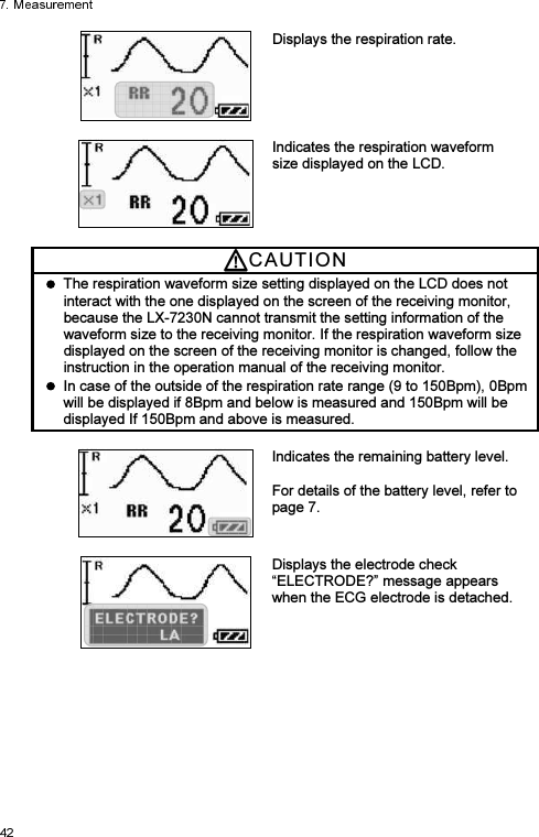 Displays the respiration rate.  Indicates the respiration waveform size displayed on the LCD. CAUTI O N    The respiration waveform size setting displayed on the LCD does not interact with the one displayed on the screen of the receiving monitor, because the LX-7230N cannot transmit the setting information of the waveform size to the receiving monitor. If the respiration waveform size displayed on the screen of the receiving monitor is changed, follow the instruction in the operation manual of the receiving monitor.   In case of the outside of the respiration rate range (9 to 150Bpm), 0Bpm will be displayed if 8Bpm and below is measured and 150Bpm will be displayed If 150Bpm and above is measured.  Indicates the remaining battery level.    For details of the battery level, refer to page 7.  Displays the electrode check “ELECTRODE?” message appears when the ECG electrode is detached.  