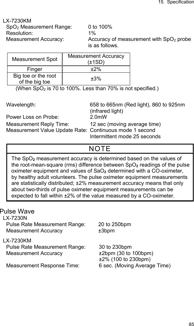 15. Specification 85  LX-7230KM SpO2 Measurement Range:  0 to 100% Resolution: 1% Measurement Accuracy:  Accuracy of measurement with SpO2 probe is as follows.  Measurement Spot Measurement Accuracy (±1SD) Finger ±2% Big toe or the root of the big toe  ±3% (When SpO2 is 70 to 100%. Less than 70% is not specified.)   Wavelength:  658 to 665nm (Red light), 860 to 925nm (infrared light) Power Loss on Probe:  2.0mW Measurement Reply Time:  12 sec (moving average time) Measurement Value Update Rate: Continuous mode 1 second Intermittent mode 25 seconds  NOTE The SpO2 measurement accuracy is determined based on the values of the root-mean-square (rms) difference between SpO2 readings of the pulse oximeter equipment and values of SaO2 determined with a CO-oximeter, by healthy adult volunteers. The pulse oximeter equipment measurements are statistically distributed; ±2% measurement accuracy means that only about two-thirds of pulse oximeter equipment measurements can be expected to fall within ±2% of the value measured by a CO-oximeter.    Pulse Wave LX-7230N Pulse Rate Measurement Range:  20 to 250bpm Measurement Accuracy  ±3bpm  LX-7230KM Pulse Rate Measurement Range:  30 to 230bpm Measurement Accuracy  ±2bpm (30 to 100bpm) ±2% (100 to 230bpm) Measurement Response Time:  6 sec. (Moving Average Time)  