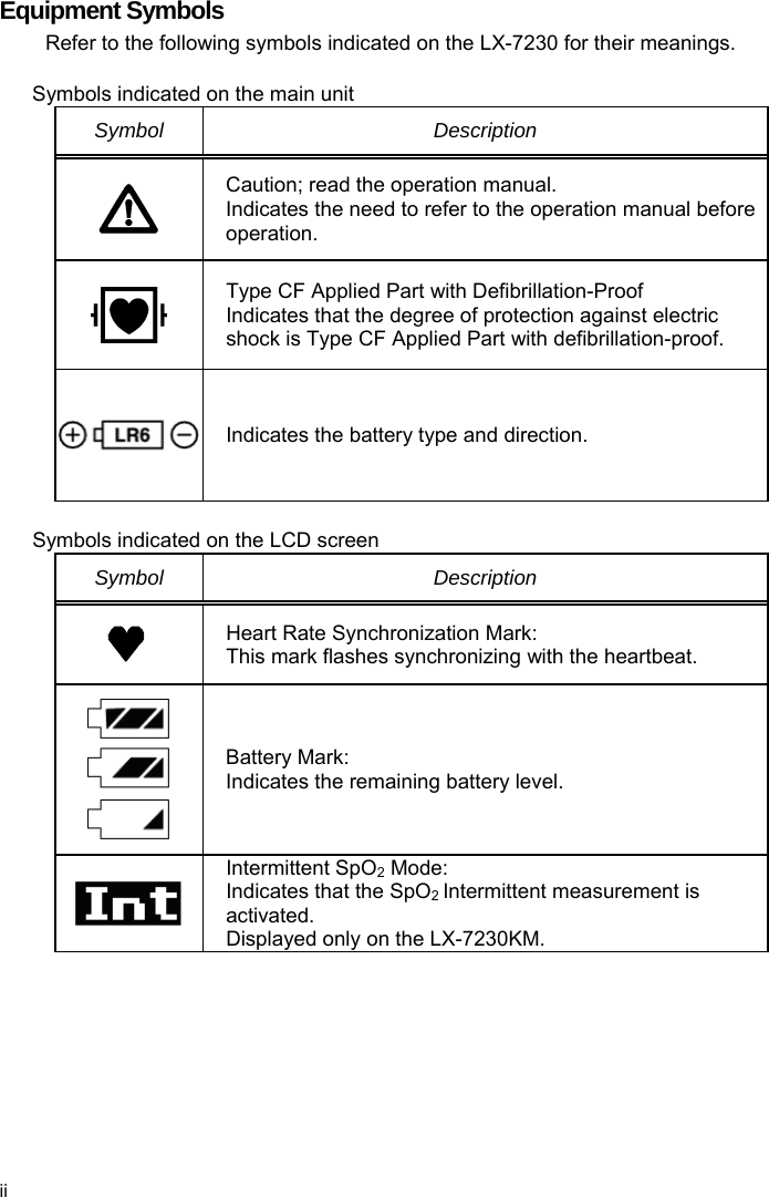  Equipment Symbols Refer to the following symbols indicated on the LX-7230 for their meanings.  Symbols indicated on the main unit Symbol Description  Caution; read the operation manual. Indicates the need to refer to the operation manual before operation.  Type CF Applied Part with Defibrillation-Proof Indicates that the degree of protection against electric shock is Type CF Applied Part with defibrillation-proof. Indicates the battery type and direction.  Symbols indicated on the LCD screen Symbol Description   Heart Rate Synchronization Mark: This mark flashes synchronizing with the heartbeat.  Battery Mark: Indicates the remaining battery level.  Intermittent SpO2 Mode: Indicates that the SpO2 Intermittent measurement is activated. Displayed only on the LX-7230KM.  ii 