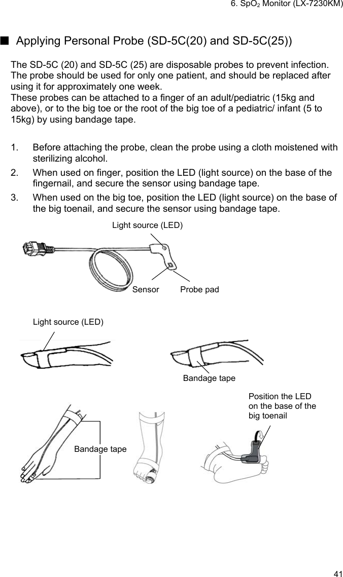 6. SpO2 Monitor (LX-7230KM) 41  ■  Applying Personal Probe (SD-5C(20) and SD-5C(25))  The SD-5C (20) and SD-5C (25) are disposable probes to prevent infection. The probe should be used for only one patient, and should be replaced after using it for approximately one week.   These probes can be attached to a finger of an adult/pediatric (15kg and above), or to the big toe or the root of the big toe of a pediatric/ infant (5 to 15kg) by using bandage tape.  1.  Before attaching the probe, clean the probe using a cloth moistened with sterilizing alcohol. 2.  When used on finger, position the LED (light source) on the base of the fingernail, and secure the sensor using bandage tape. 3.  When used on the big toe, position the LED (light source) on the base of the big toenail, and secure the sensor using bandage tape.  Light source (LED)  Sensor     Probe pad    Light source (LED)     Bandage tape        Position the LED on the base of the big toenail Bandage tape