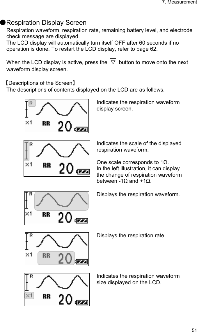 7. Measurement 51  ●Respiration Display Screen Respiration waveform, respiration rate, remaining battery level, and electrode check message are displayed. The LCD display will automatically turn itself OFF after 60 seconds if no operation is done. To restart the LCD display, refer to page 62.  When the LCD display is active, press the  ▽  button to move onto the next waveform display screen.  【Descriptions of the Screen】 The descriptions of contents displayed on the LCD are as follows.  Indicates the respiration waveform display screen.   Indicates the scale of the displayed respiration waveform.  One scale corresponds to 1Ω. In the left illustration, it can display the change of respiration waveform between -1Ω and +1Ω.   Displays the respiration waveform.   Displays the respiration rate.   Indicates the respiration waveform size displayed on the LCD. 