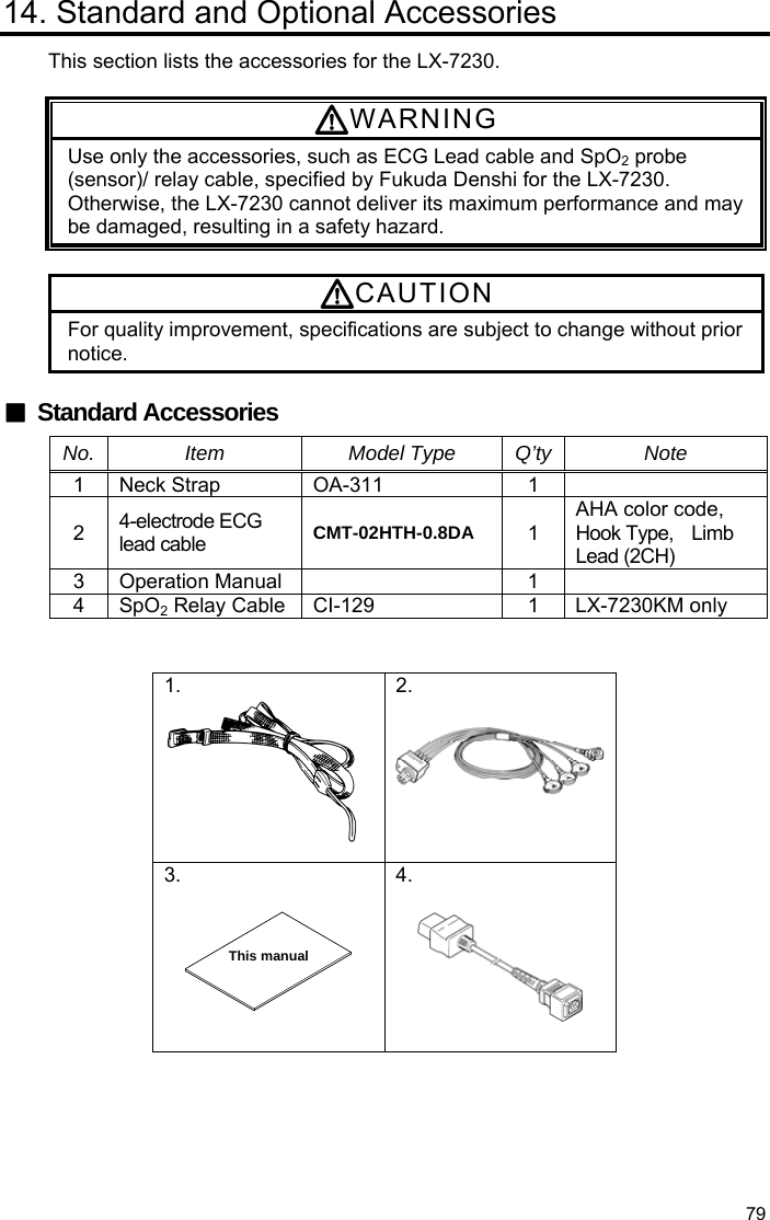  79 14. Standard and Optional Accessories This section lists the accessories for the LX-7230.  WARNING Use only the accessories, such as ECG Lead cable and SpO2 probe (sensor)/ relay cable, specified by Fukuda Denshi for the LX-7230. Otherwise, the LX-7230 cannot deliver its maximum performance and may be damaged, resulting in a safety hazard.  CAUTION For quality improvement, specifications are subject to change without prior notice.  ■ Standard Accessories No. Item  Model Type Q’ty Note 1 Neck Strap  OA-311  1  2  4-electrode ECG lead cable  CMT-02HTH-0.8DA 1 AHA color code, Hook Type,  Limb Lead (2CH) 3 Operation Manual   1  4 SpO2 Relay Cable CI-129  1  LX-7230KM only   1.  2.  3.   4.   This manual 