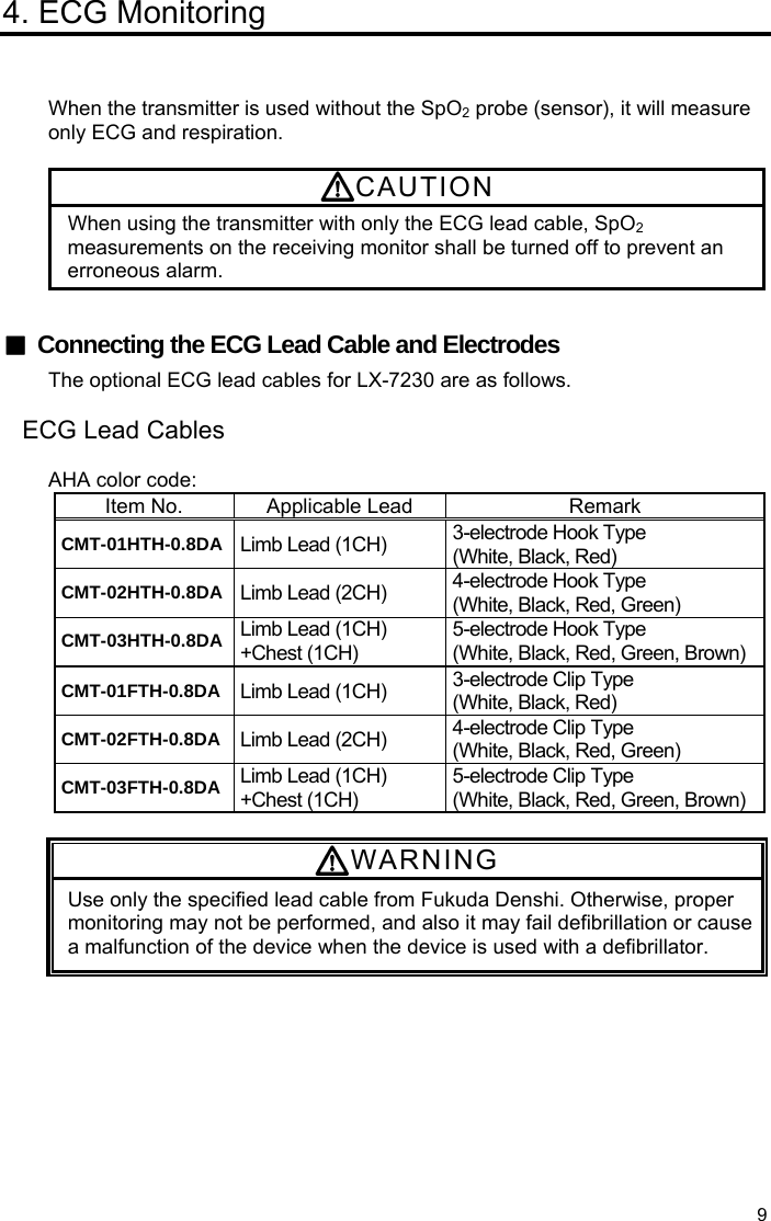  9 4. ECG Monitoring   When the transmitter is used without the SpO2 probe (sensor), it will measure only ECG and respiration.  CAUTION When using the transmitter with only the ECG lead cable, SpO2 measurements on the receiving monitor shall be turned off to prevent an erroneous alarm.  ■  Connecting the ECG Lead Cable and Electrodes The optional ECG lead cables for LX-7230 are as follows.  ECG Lead Cables  AHA color code: Item No.  Applicable Lead  Remark CMT-01HTH-0.8DA Limb Lead (1CH)  3-electrode Hook Type (White, Black, Red) CMT-02HTH-0.8DA Limb Lead (2CH)  4-electrode Hook Type (White, Black, Red, Green) CMT-03HTH-0.8DA Limb Lead (1CH) +Chest (1CH) 5-electrode Hook Type (White, Black, Red, Green, Brown)CMT-01FTH-0.8DA Limb Lead (1CH)  3-electrode Clip Type (White, Black, Red) CMT-02FTH-0.8DA Limb Lead (2CH)  4-electrode Clip Type (White, Black, Red, Green) CMT-03FTH-0.8DA Limb Lead (1CH) +Chest (1CH) 5-electrode Clip Type (White, Black, Red, Green, Brown) WARNING Use only the specified lead cable from Fukuda Denshi. Otherwise, proper monitoring may not be performed, and also it may fail defibrillation or cause a malfunction of the device when the device is used with a defibrillator.  