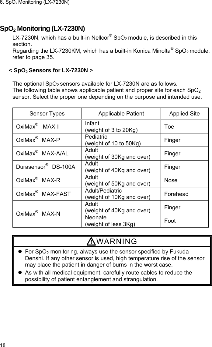 6. SpO2 Monitoring (LX-7230N) 18  SpO2 Monitoring (LX-7230N) LX-7230N, which has a built-in Nellcor® SpO2 module, is described in this section. Regarding the LX-7230KM, which has a built-in Konica Minolta® SpO2 module, refer to page 35.  &lt; SpO2 Sensors for LX-7230N &gt;  The optional SpO2 sensors available for LX-7230N are as follows. The following table shows applicable patient and proper site for each SpO2 sensor. Select the proper one depending on the purpose and intended use.    Sensor Types  Applicable Patient  Applied Site OxiMax®   MAX-I Infant (weight of 3 to 20Kg)  Toe OxiMax®  MAX-P  Pediatric (weight of 10 to 50Kg)  Finger OxiMax®  MAX-A/AL  Adult (weight of 30Kg and over)  Finger Durasensor®  DS-100A  Adult (weight of 40Kg and over)  Finger OxiMax®  MAX-R  Adult  (weight of 50Kg and over)  Nose OxiMax®  MAX-FAST  Adult/Pediatric (weight of 10Kg and over)  Forehead Adult  (weight of 40Kg and over)  Finger OxiMax®  MAX-N  Neonate  (weight of less 3Kg)  Foot  WARNING  For SpO2 monitoring, always use the sensor specified by Fukuda Denshi. If any other sensor is used, high temperature rise of the sensor may place the patient in danger of burns in the worst case.   As with all medical equipment, carefully route cables to reduce the possibility of patient entanglement and strangulation. 