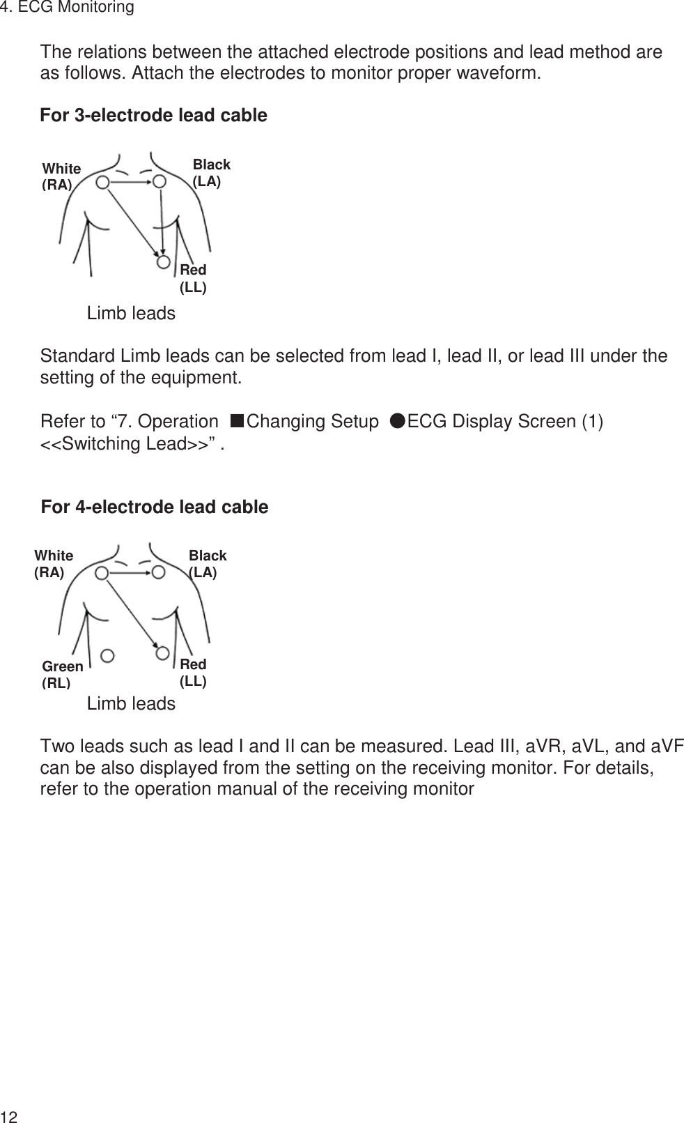 4. ECG Monitoring 12 The relations between the attached electrode positions and lead method are as follows. Attach the electrodes to monitor proper waveform.  For 3-electrode lead cable  Limb leads Standard Limb leads can be selected from lead I, lead II, or lead III under the setting of the equipment.  Refer to “7. Operation  ŠChanging Setup  ŪECG Display Screen (1) &lt;&lt;Switching Lead&gt;&gt;” .   For 4-electrode lead cable  Limb leads Two leads such as lead I and II can be measured. Lead III, aVR, aVL, and aVF can be also displayed from the setting on the receiving monitor. For details, refer to the operation manual of the receiving monitor  Black (LA) Red (LL) White (RA) Green (RL) White (RA)  Black (LA) Red (LL) 