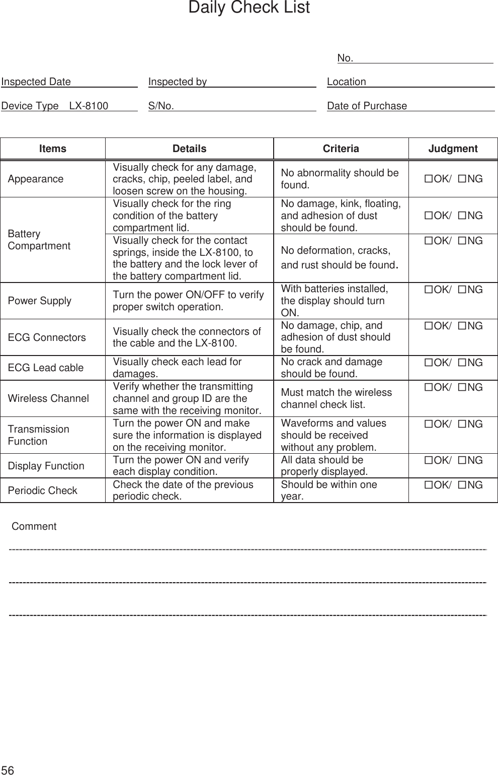  56 Daily Check List No.                            Inspected Date   Inspected by   Location  Device Type  LX-8100   S/No.   Date of Purchase   Items Details  Criteria Judgment Appearance  Visually check for any damage, cracks, chip, peeled label, and loosen screw on the housing. No abnormality should be found.  ڧOK/  ڧNG Battery Compartment Visually check for the ring condition of the battery compartment lid. No damage, kink, floating, and adhesion of dust should be found. ڧOK/  ڧNG Visually check for the contact springs, inside the LX-8100, to the battery and the lock lever of the battery compartment lid.No deformation, cracks, and rust should be found.ڧOK/  ڧNGPower Supply  Turn the power ON/OFF to verify proper switch operation. With batteries installed, the display should turn ON. ڧOK/  ڧNGECG Connectors  Visually check the connectors of the cable and the LX-8100. No damage, chip, and adhesion of dust should be found. ڧOK/  ڧNGECG Lead cable  Visually check each lead for damages.  No crack and damage should be found. ڧOK/  ڧNGWireless ChannelVerify whether the transmitting channel and group ID are the same with the receiving monitor.Must match the wireless channel check list. ڧOK/  ڧNGTransmission Function Turn the power ON and make sure the information is displayed on the receiving monitor. Waveforms and values should be received without any problem. ڧOK/  ڧNGDisplay Function  Turn the power ON and verify each display condition. All data should be properly displayed. ڧOK/  ڧNGPeriodic Check  Check the date of the previous periodic check.  Should be within one year. ڧOK/  ڧNGComment               