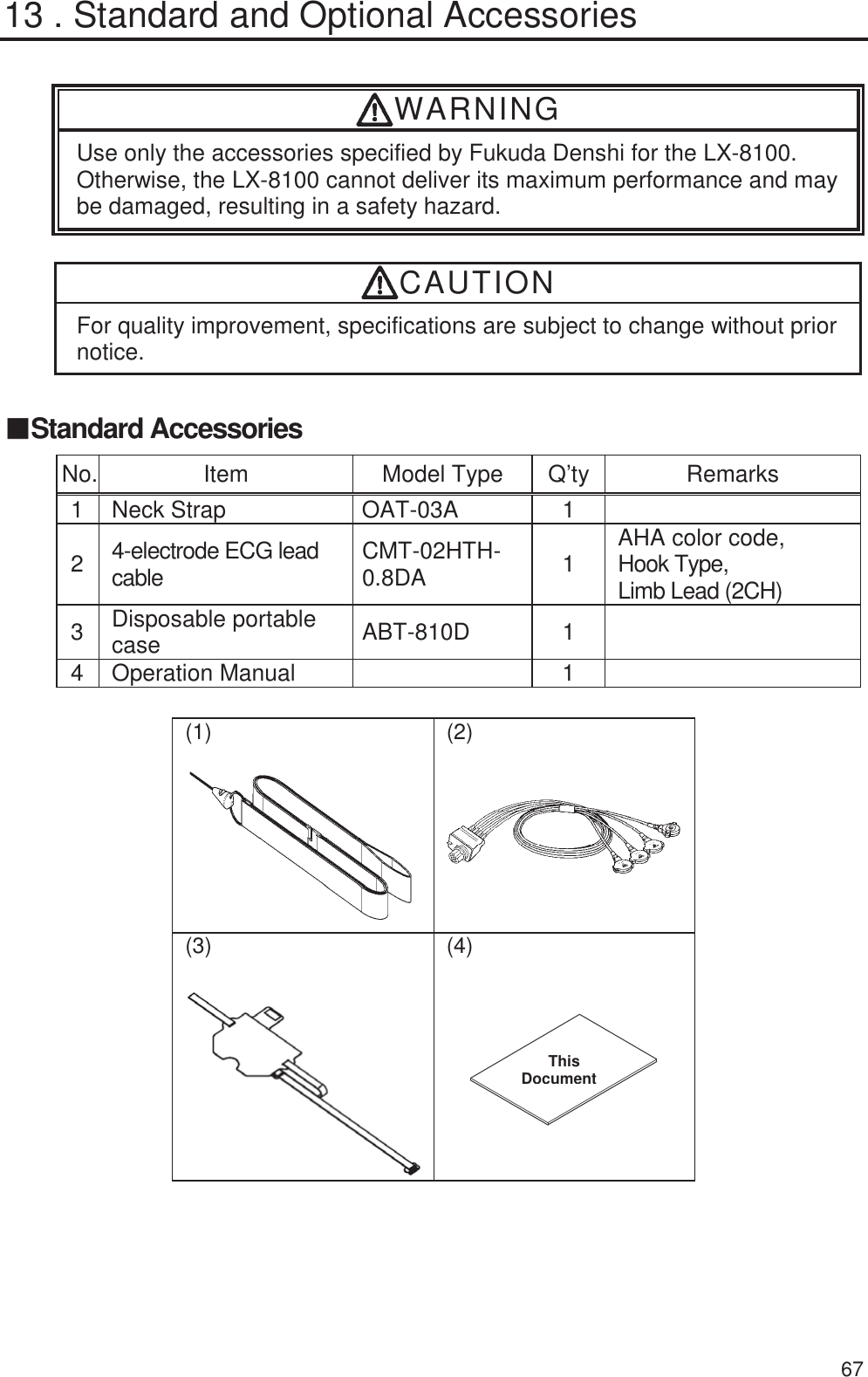  67 13 . Standard and Optional Accessories  WARNING Use only the accessories specified by Fukuda Denshi for the LX-8100. Otherwise, the LX-8100 cannot deliver its maximum performance and may be damaged, resulting in a safety hazard.  CAUTION For quality improvement, specifications are subject to change without prior notice.  䕔Standard Accessories No. Item  Model Type Q’ty Remarks 1 Neck Strap  OAT-03A  1   2  4-electrode ECG lead cable  CMT-02HTH-0.8DA  1  AHA color code,   Hook Type,     Limb Lead (2CH) 3  Disposable portable case  ABT-810D 1   4 Operation Manual    1   (1)  (2)   (3) (4)    㻌This Document