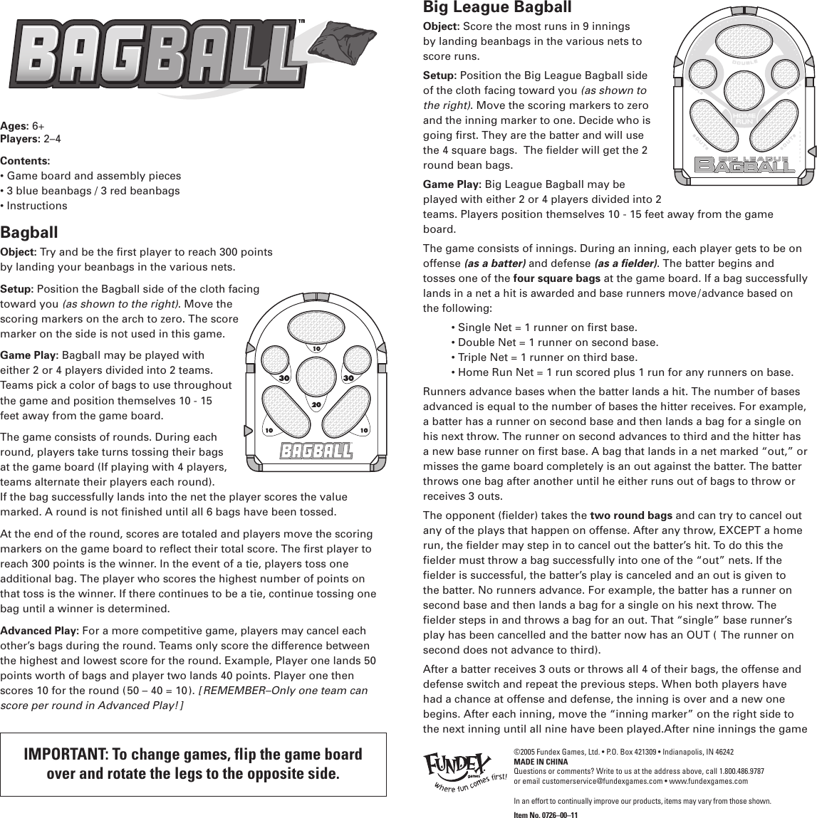 Fundex Games Bagball Users Manual Instructions