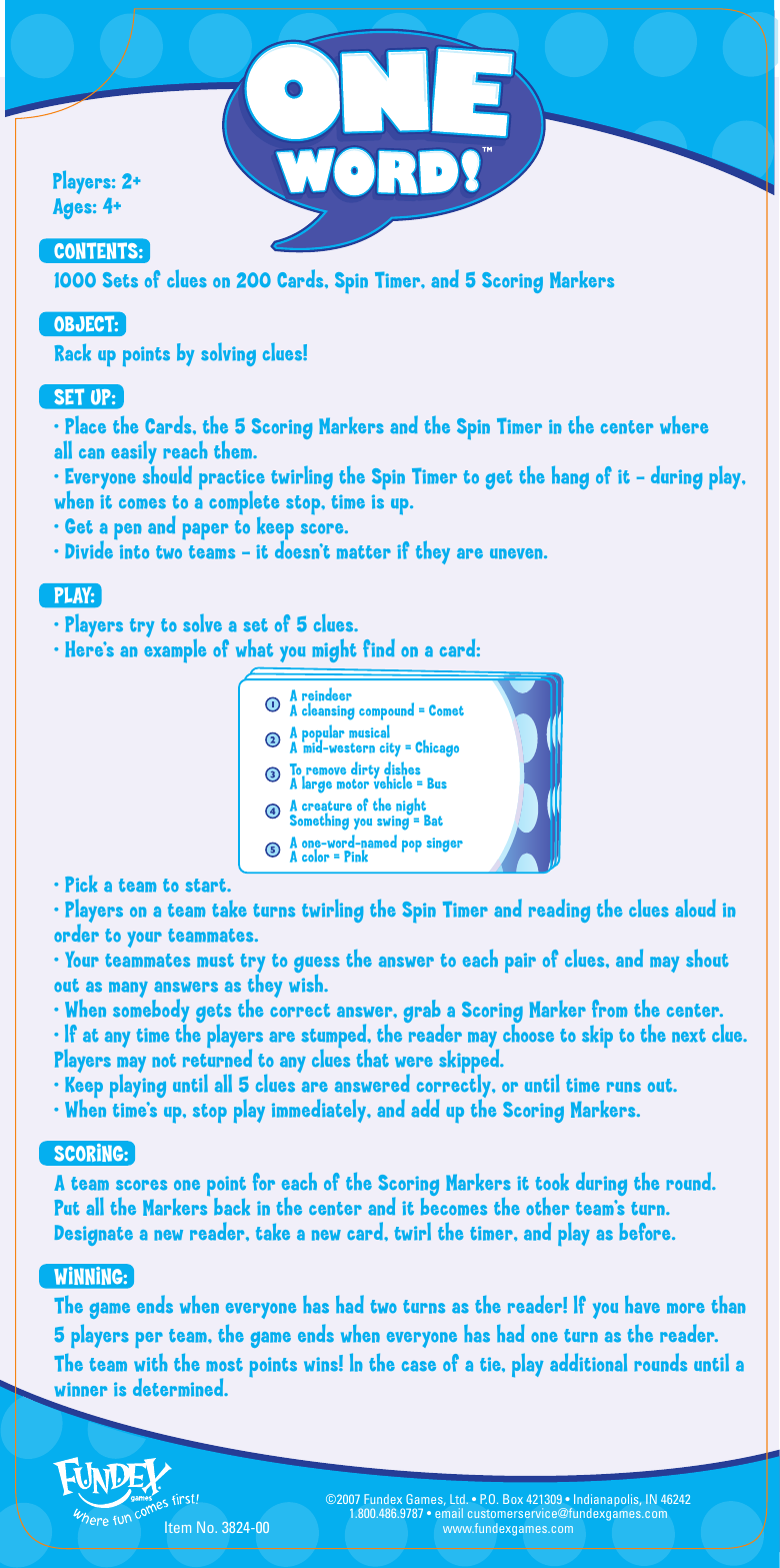 Page 1 of 1 - Fundex-Games Fundex-Games-One-Word-Users-Manual- 3824-00_I_One Word  Fundex-games-one-word-users-manual
