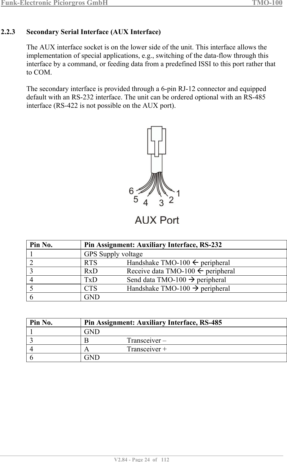 Funk-Electronic Piciorgros GmbH   TMO-100   V2.84 - Page 24  of   112   2.2.3 Secondary Serial Interface (AUX Interface) The AUX interface socket is on the lower side of the unit. This interface allows the implementation of special applications, e.g., switching of the data-flow through this interface by a command, or feeding data from a predefined ISSI to this port rather that to COM.  The secondary interface is provided through a 6-pin RJ-12 connector and equipped default with an RS-232 interface. The unit can be ordered optional with an RS-485 interface (RS-422 is not possible on the AUX port).      Pin No.  Pin Assignment: Auxiliary Interface, RS-232 1  GPS Supply voltage 2  RTS    Handshake TMO-100  peripheral 3  RxD    Receive data TMO-100  peripheral 4  TxD    Send data TMO-100  peripheral 5  CTS    Handshake TMO-100  peripheral 6  GND   Pin No.  Pin Assignment: Auxiliary Interface, RS-485 1  GND 3  B    Transceiver – 4  A    Transceiver + 6  GND  