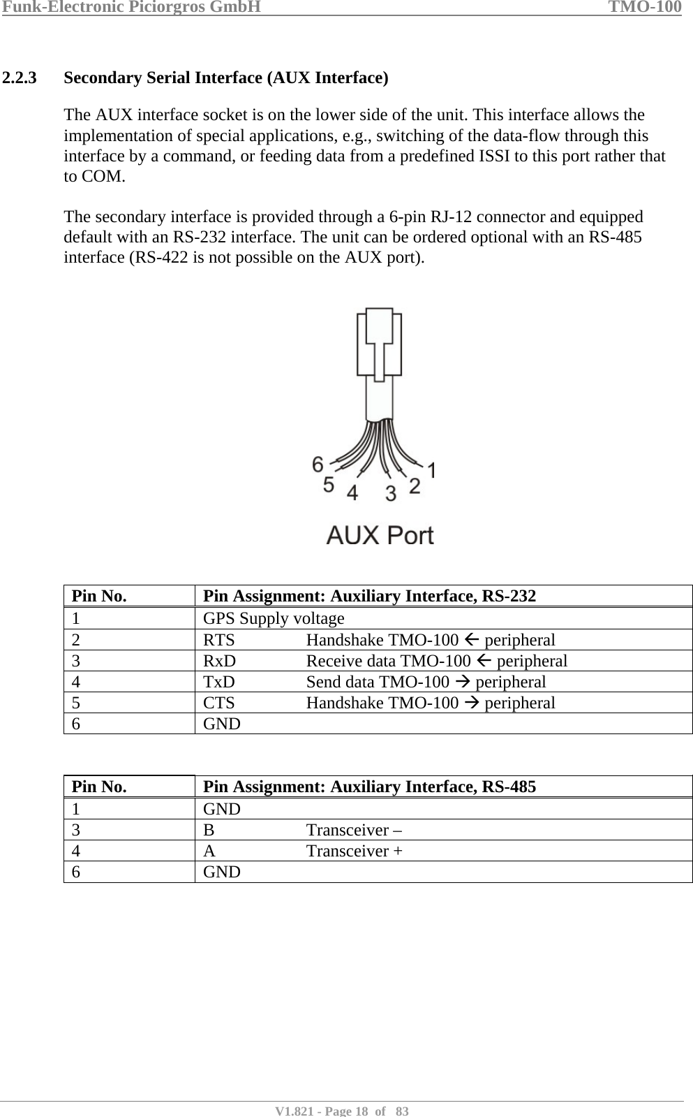 Funk-Electronic Piciorgros GmbH   TMO-100   V1.821 - Page 18  of   83   2.2.3 Secondary Serial Interface (AUX Interface) The AUX interface socket is on the lower side of the unit. This interface allows the implementation of special applications, e.g., switching of the data-flow through this interface by a command, or feeding data from a predefined ISSI to this port rather that to COM.  The secondary interface is provided through a 6-pin RJ-12 connector and equipped default with an RS-232 interface. The unit can be ordered optional with an RS-485 interface (RS-422 is not possible on the AUX port).      Pin No.  Pin Assignment: Auxiliary Interface, RS-232 1  GPS Supply voltage 2 RTS  Handshake TMO-100 Å peripheral 3  RxD    Receive data TMO-100 Å peripheral 4  TxD    Send data TMO-100 Æ peripheral 5 CTS  Handshake TMO-100 Æ peripheral 6 GND   Pin No.  Pin Assignment: Auxiliary Interface, RS-485 1 GND 3 B  Transceiver – 4 A  Transceiver + 6 GND  