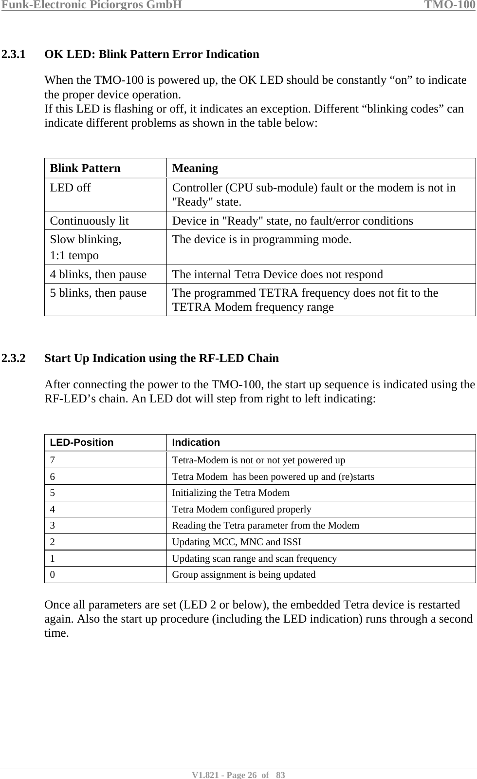 Funk-Electronic Piciorgros GmbH   TMO-100   V1.821 - Page 26  of   83   2.3.1 OK LED: Blink Pattern Error Indication When the TMO-100 is powered up, the OK LED should be constantly “on” to indicate the proper device operation. If this LED is flashing or off, it indicates an exception. Different “blinking codes” can indicate different problems as shown in the table below:   Blink Pattern Meaning LED off  Controller (CPU sub-module) fault or the modem is not in &quot;Ready&quot; state.  Continuously lit  Device in &quot;Ready&quot; state, no fault/error conditions Slow blinking,  1:1 tempo The device is in programming mode. 4 blinks, then pause  The internal Tetra Device does not respond 5 blinks, then pause  The programmed TETRA frequency does not fit to the TETRA Modem frequency range    2.3.2 Start Up Indication using the RF-LED Chain After connecting the power to the TMO-100, the start up sequence is indicated using the RF-LED’s chain. An LED dot will step from right to left indicating:   LED-Position Indication 7  Tetra-Modem is not or not yet powered up 6  Tetra Modem  has been powered up and (re)starts 5  Initializing the Tetra Modem 4  Tetra Modem configured properly 3  Reading the Tetra parameter from the Modem 2  Updating MCC, MNC and ISSI 1  Updating scan range and scan frequency 0  Group assignment is being updated  Once all parameters are set (LED 2 or below), the embedded Tetra device is restarted again. Also the start up procedure (including the LED indication) runs through a second time. 