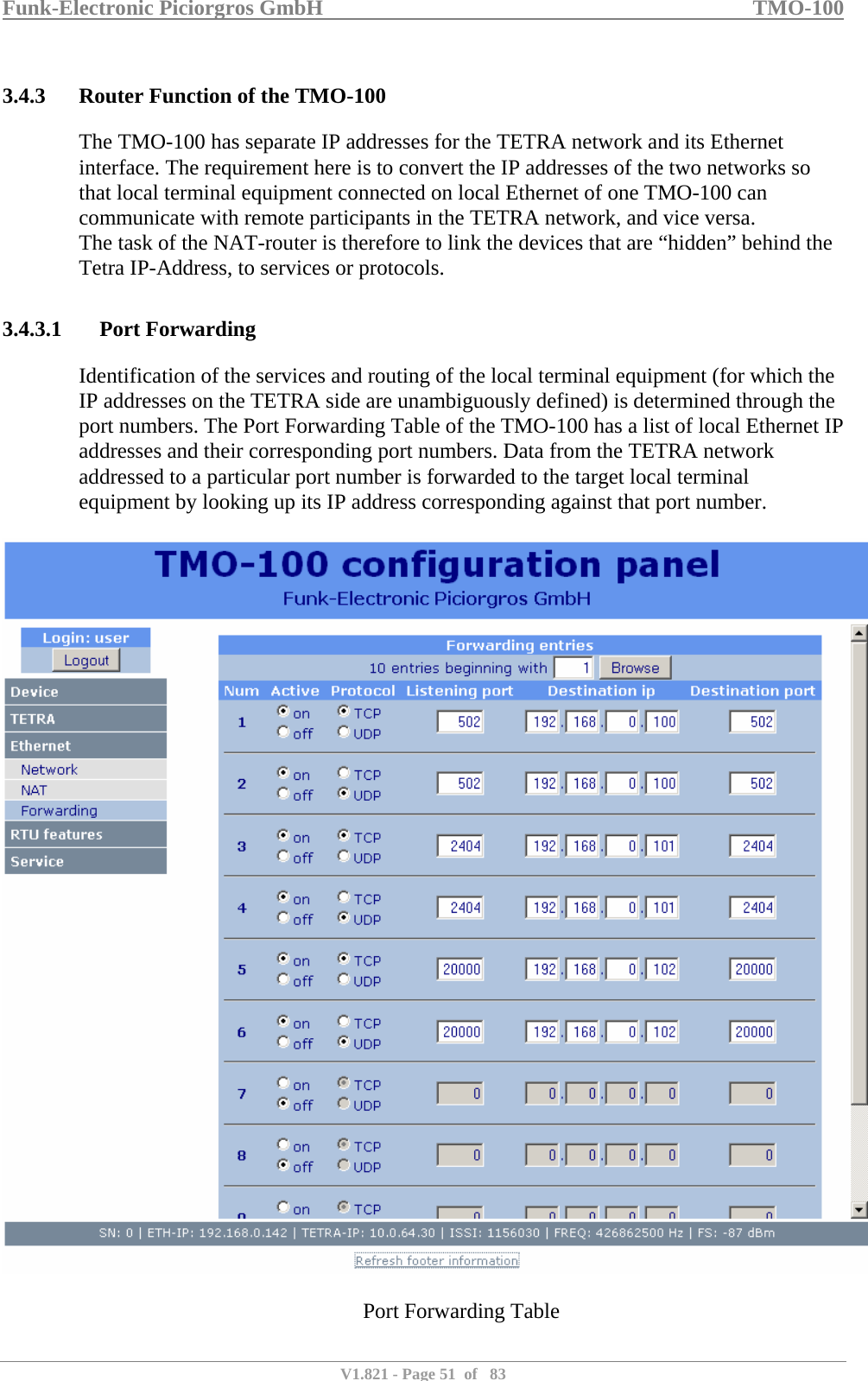 Funk-Electronic Piciorgros GmbH   TMO-100   V1.821 - Page 51  of   83   3.4.3 Router Function of the TMO-100 The TMO-100 has separate IP addresses for the TETRA network and its Ethernet interface. The requirement here is to convert the IP addresses of the two networks so that local terminal equipment connected on local Ethernet of one TMO-100 can communicate with remote participants in the TETRA network, and vice versa.  The task of the NAT-router is therefore to link the devices that are “hidden” behind the Tetra IP-Address, to services or protocols.  3.4.3.1 Port Forwarding Identification of the services and routing of the local terminal equipment (for which the IP addresses on the TETRA side are unambiguously defined) is determined through the port numbers. The Port Forwarding Table of the TMO-100 has a list of local Ethernet IP addresses and their corresponding port numbers. Data from the TETRA network addressed to a particular port number is forwarded to the target local terminal equipment by looking up its IP address corresponding against that port number.    Port Forwarding Table 