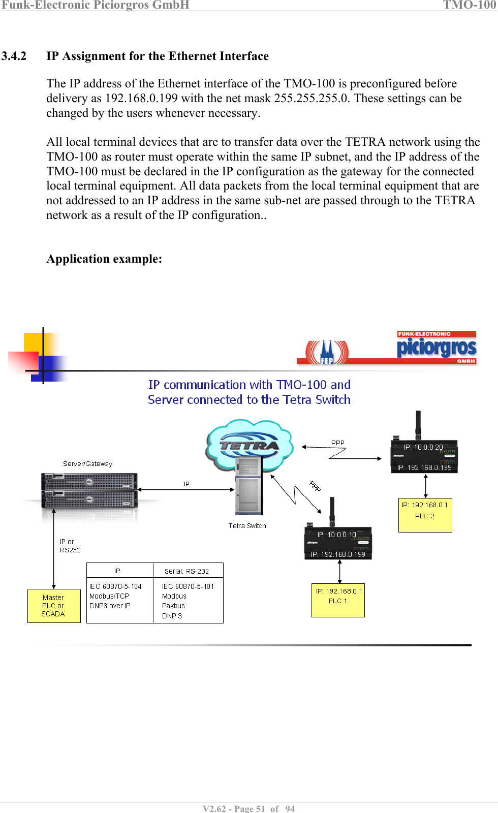 Funk-Electronic Piciorgros GmbH   TMO-100   V2.62 - Page 51  of   94   3.4.2 IP Assignment for the Ethernet Interface The IP address of the Ethernet interface of the TMO-100 is preconfigured before delivery as 192.168.0.199 with the net mask 255.255.255.0. These settings can be changed by the users whenever necessary.   All local terminal devices that are to transfer data over the TETRA network using the TMO-100 as router must operate within the same IP subnet, and the IP address of the TMO-100 must be declared in the IP configuration as the gateway for the connected local terminal equipment. All data packets from the local terminal equipment that are not addressed to an IP address in the same sub-net are passed through to the TETRA network as a result of the IP configuration..   Application example:      