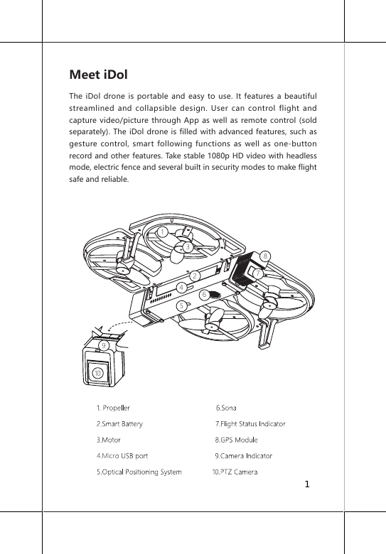 Meet iDolThe iDol drone is portable and easy to use. It features a beautiful streamlined and collapsible design. User can control flight and capture video/picture through App as well as remote control (sold separately). The iDol drone is filled with advanced features, such as gesture control, smart following functions as well as one-button record and other features. Take stable 1080p HD video with headless mode, electric fence and several built in security modes to make flight safe and reliable.175423861094.Micr1