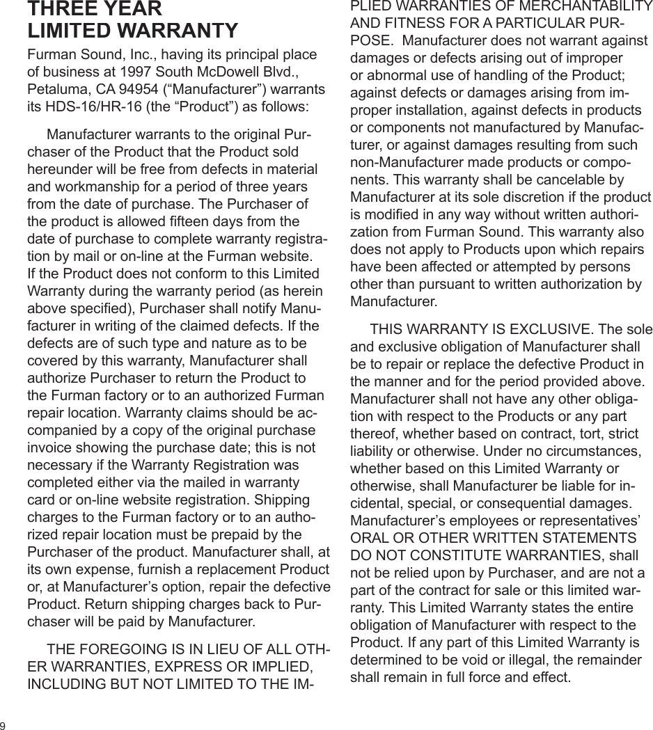 Page 10 of 12 - Furman-Sound Furman-Sound-Hds-16-Users-Manual- HDS-16 & HRM-16 Manual  Furman-sound-hds-16-users-manual