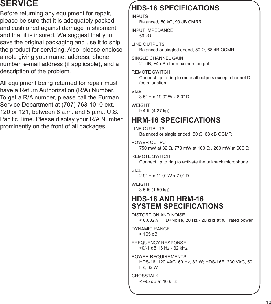 Page 11 of 12 - Furman-Sound Furman-Sound-Hds-16-Users-Manual- HDS-16 & HRM-16 Manual  Furman-sound-hds-16-users-manual