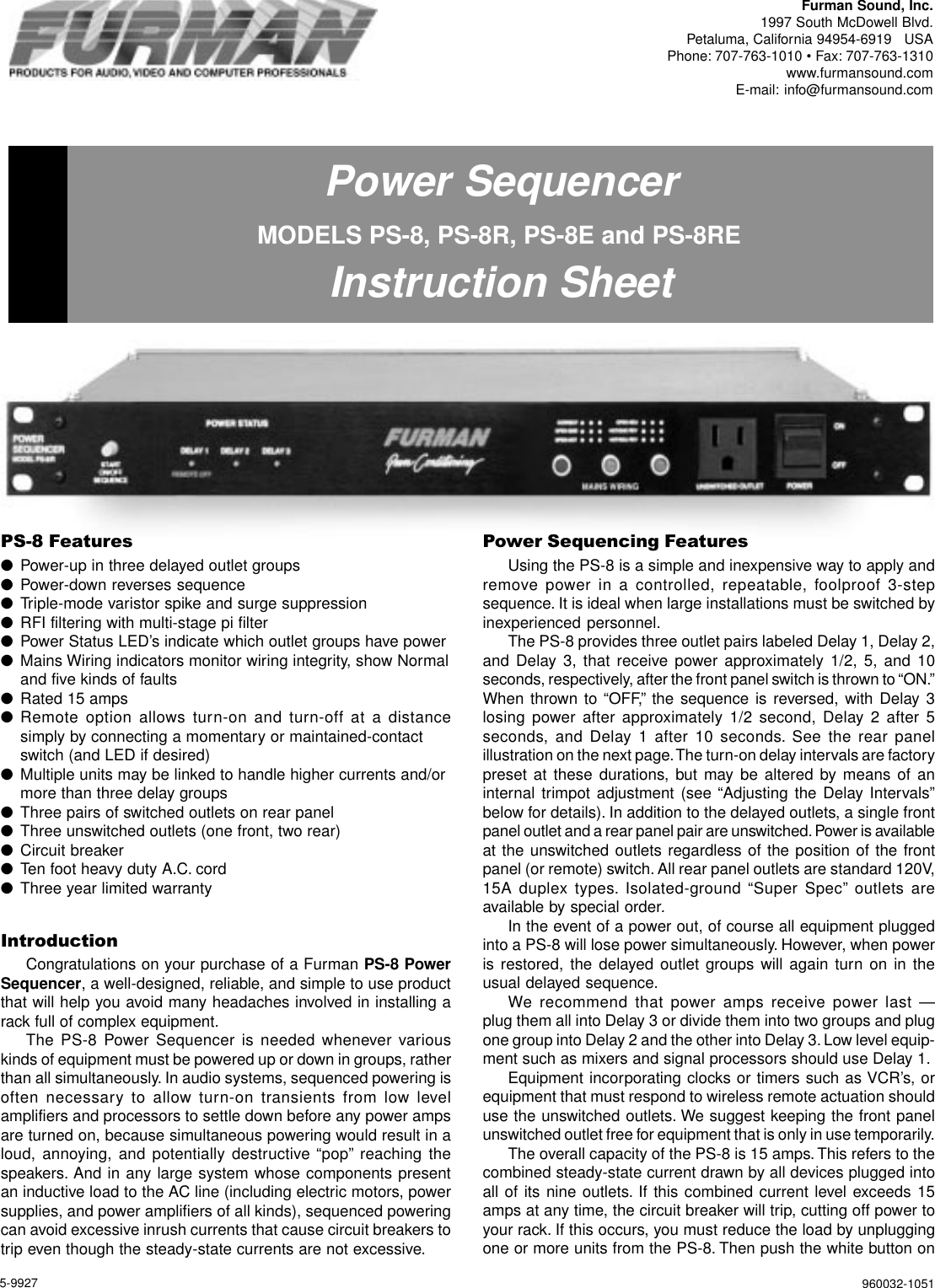 Page 1 of 4 - Furman-Sound Furman-Sound-Ps-8-Users-Manual- PS-8, PS-8R Instr Sheet Rev 5 Furman-sound-ps-8-users-manual
