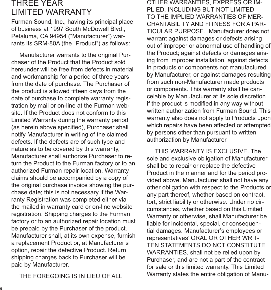 Page 10 of 12 - Furman-Sound Furman-Sound-Srm-80A-Users-Manual- SRM-80A Manual  Furman-sound-srm-80a-users-manual
