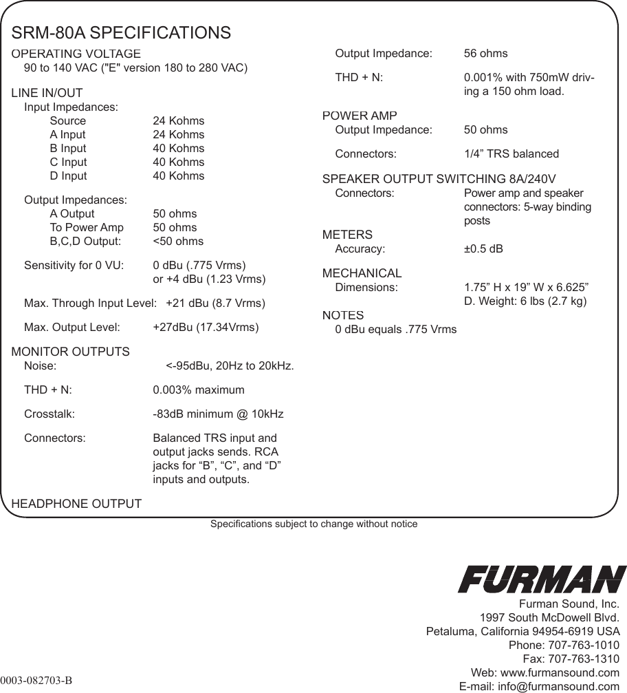 Page 12 of 12 - Furman-Sound Furman-Sound-Srm-80A-Users-Manual- SRM-80A Manual  Furman-sound-srm-80a-users-manual