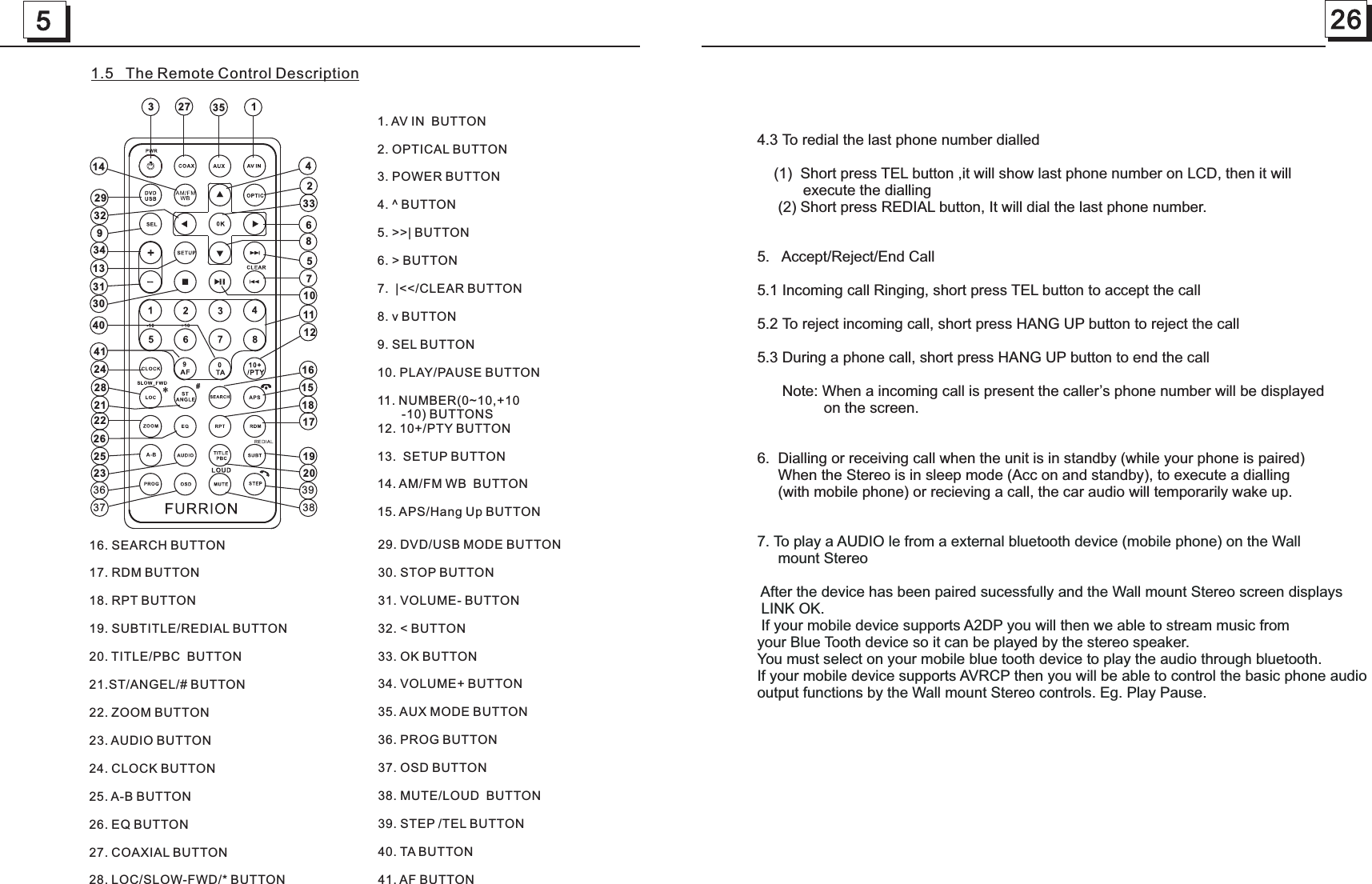 5264.3 To redial the last phone number dialled    (1)  Short press TEL button ,it will show last phone number on LCD, then it will           execute the dialling     (2) Short press REDIAL button, It will dial the last phone number.5.   Accept/Reject/End Call 5.1 Incoming call Ringing, short press TEL button to accept the call5.2 To reject incoming call, short press HANG UP button to reject the call5.3 During a phone call, short press HANG UP button to end the call      Note: When a incoming call is present the caller’s phone number will be displayed                 on the screen.  6.  Dialling or receiving call when the unit is in standby (while your phone is paired)     When the Stereo is in sleep mode (Acc on and standby), to execute a dialling     (with mobile phone) or recieving a call, the car audio will temporarily wake up.  7. To play a AUDIO le from a external bluetooth device (mobile phone) on the Wall      mount Stereo After the device has been paired sucessfully and the Wall mount Stereo screen displays LINK OK.  If your mobile device supports A2DP you will then we able to stream music fromyour Blue Tooth device so it can be played by the stereo speaker.You must select on your mobile blue tooth device to play the audio through bluetooth.If your mobile device supports AVRCP then you will be able to control the basic phone audiooutput functions by the Wall mount Stereo controls. Eg. Play Pause.1.5   The Remote Control Description16. SEARCH BUTTON17. RDM BUTTON18. RPT BUTTON19. SUBTITLE/REDIAL BUTTON20. TITLE/PBC  BUTTON21.ST/ANGEL/# BUTTON22. ZOOM BUTTON23. AUDIO BUTTON24. CLOCK BUTTON25. A-B BUTTON26. EQ BUTTON27. COAXIAL BUTTON28. LOC/SLOW-FWD/* BUTTON29. DVD/USB MODE BUTTON30. STOP BUTTON31. VOLUME- BUTTON32. &lt; BUTTON33. OK BUTTON34. VOLUME+ BUTTON35. AUX MODE BUTTON36. PROG BUTTON37. OSD BUTTON38. MUTE/LOUD  BUTTON39. STEP /TEL BUTTON40. TA BUTTON41. AF BUTTON1. AV IN  BUTTON2. OPTICAL BUTTON3. POWER BUTTON4. ^ BUTTON5. &gt;&gt;| BUTTON6. &gt; BUTTON7.  |&lt;&lt;/CLEAR BUTTON8. v BUTTON9. SEL BUTTON10. PLAY/PAUSE BUTTON11. NUMBER(0~10,+10        -10) BUTTONS12. 10+/PTY BUTTON13.  SETUP BUTTON14. AM/FM WB  BUTTON15. APS/Hang Up BUTTON 12345679810111213141516171819202122232425262728293031323334354041393637 38