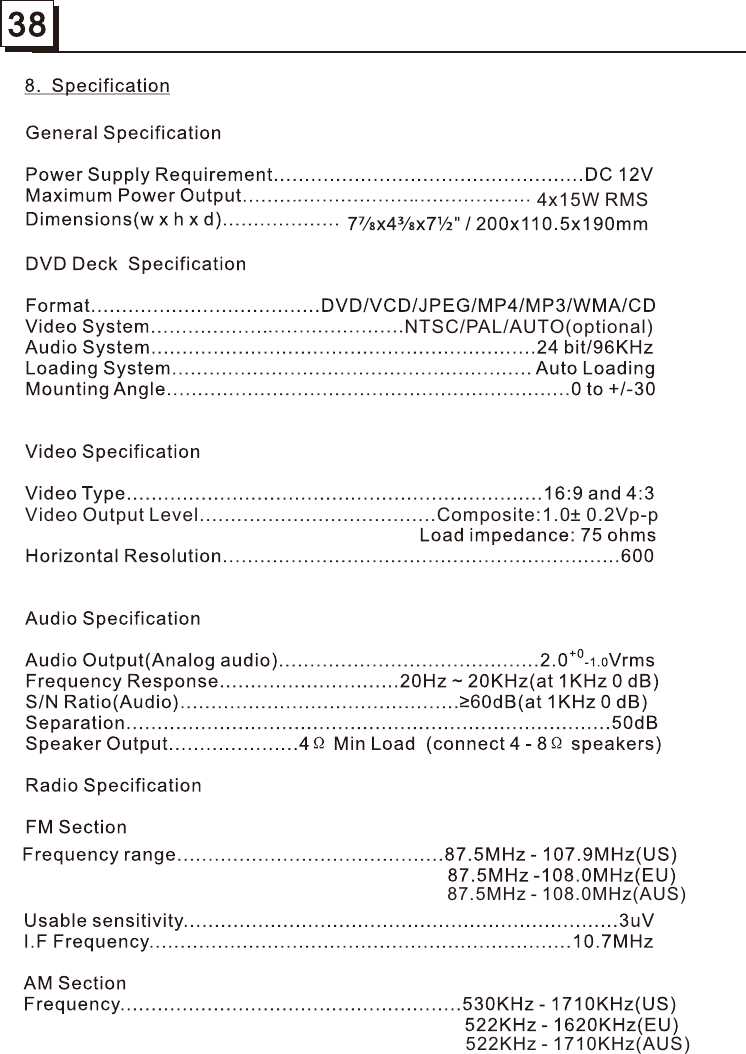384x15W RMS6NTSC/PAL/AUTO(optional)87.5MHz - 108.0MHz(AUS)522KHz - 1710KHz(AUS)Video Output Level......................................Composite:1.0± 0.2Vp-p