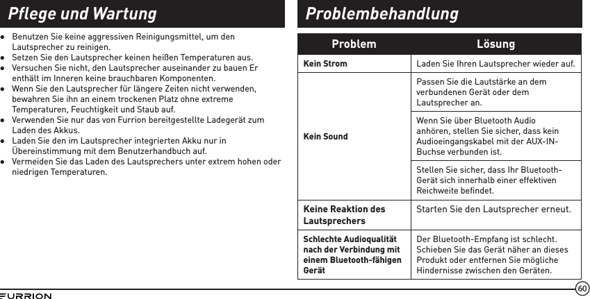 60 ●Benutzen Sie keine aggressiven Reinigungsmittel, um den Lautsprecher zu reinigen. ●Setzen Sie den Lautsprecher keinen heißen Temperaturen aus.  ●Versuchen Sie nicht, den Lautsprecher auseinander zu bauen Er enthält im Inneren keine brauchbaren Komponenten.  ●Wenn Sie den Lautsprecher für längere Zeiten nicht verwenden, bewahren Sie ihn an einem trockenen Platz ohne extreme Temperaturen, Feuchtigkeit und Staub auf. ●Verwenden Sie nur das von Furrion bereitgestellte Ladegerät zum Laden des Akkus. ●Laden Sie den im Lautsprecher integrierten Akku nur in Übereinstimmung mit dem Benutzerhandbuch auf. ●Vermeiden Sie das Laden des Lautsprechers unter extrem hohen oder niedrigen Temperaturen.Problem LösungKein Strom  Laden Sie Ihren Lautsprecher wieder auf.Kein SoundPassen Sie die Lautstärke an dem verbundenen Gerät oder dem Lautsprecher an.Wenn Sie über Bluetooth Audio anhören, stellen Sie sicher, dass kein Audioeingangskabel mit der AUX-IN-Buchse verbunden ist.Stellen Sie sicher, dass Ihr Bluetooth-Gerät sich innerhalb einer effektiven Reichweite befindet.Keine Reaktion des LautsprechersStarten Sie den Lautsprecher erneut.Schlechte Audioqualität nach der Verbindung mit einem Bluetooth-fähigen GerätDer Bluetooth-Empfang ist schlecht. Schieben Sie das Gerät näher an dieses Produkt oder entfernen Sie mögliche Hindernisse zwischen den Geräten.Pflege und Wartung Problembehandlung