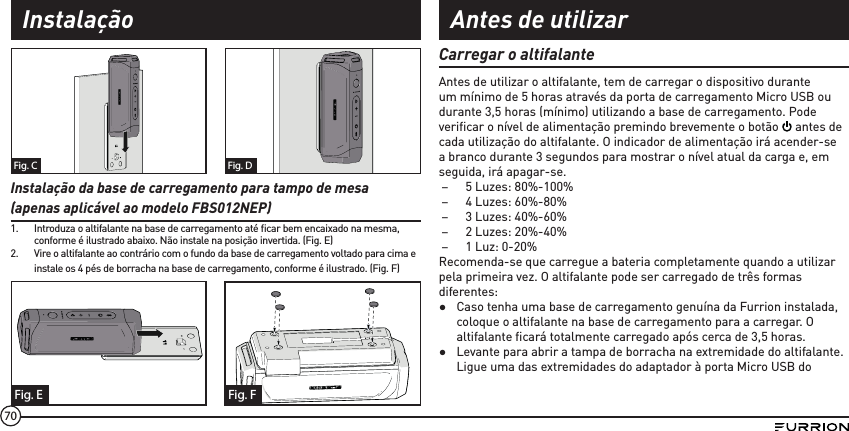 70Fig. C Fig. DInstalação da base de carregamento para tampo de mesa (apenas aplicável ao modelo FBS012NEP)1.  Introduza o altifalante na base de carregamento até ﬁ car bem encaixado na mesma, conforme é ilustrado abaixo. Não instale na posição invertida. (Fig. E)2.  Vire o altifalante ao contrário com o fundo da base de carregamento voltado para cima e instale os 4 pés de borracha na base de carregamento, conforme é ilustrado. (Fig. F)Fig. E Fig. FCarregar o altifalanteAntes de utilizar o altifalante, tem de carregar o dispositivo durante um mínimo de 5 horas através da porta de carregamento Micro USB ou durante 3,5 horas (mínimo) utilizando a base de carregamento. Pode veriﬁ car o nível de alimentação premindo brevemente o botão   antes de cada utilização do altifalante. O indicador de alimentação irá acender-se a branco durante 3 segundos para mostrar o nível atual da carga e, em seguida, irá apagar-se. –5 Luzes: 80%-100% –4 Luzes: 60%-80% –3 Luzes: 40%-60% –2 Luzes: 20%-40% –1 Luz: 0-20%Recomenda-se que carregue a bateria completamente quando a utilizar pela primeira vez. O altifalante pode ser carregado de três formas diferentes: ●Caso tenha uma base de carregamento genuína da Furrion instalada, coloque o altifalante na base de carregamento para a carregar. O altifalante ﬁ cará totalmente carregado após cerca de 3,5 horas.  ●Levante para abrir a tampa de borracha na extremidade do altifalante. Ligue uma das extremidades do adaptador à porta Micro USB do Instalação Antes de utilizar