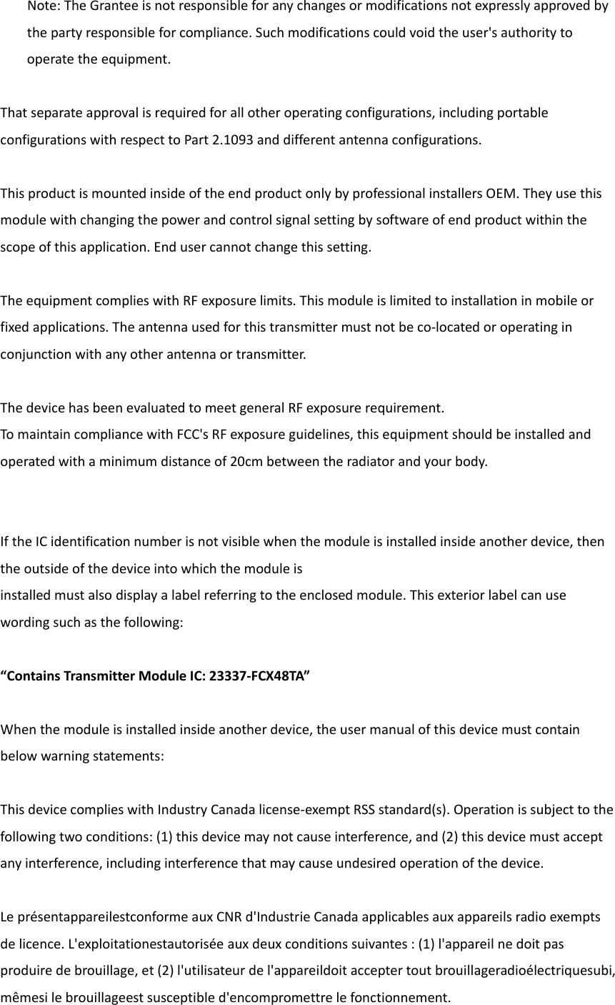 Page 2 of Furrion FCX48TA 2.4GHz wireless module User Manual OEM Integrators Installations