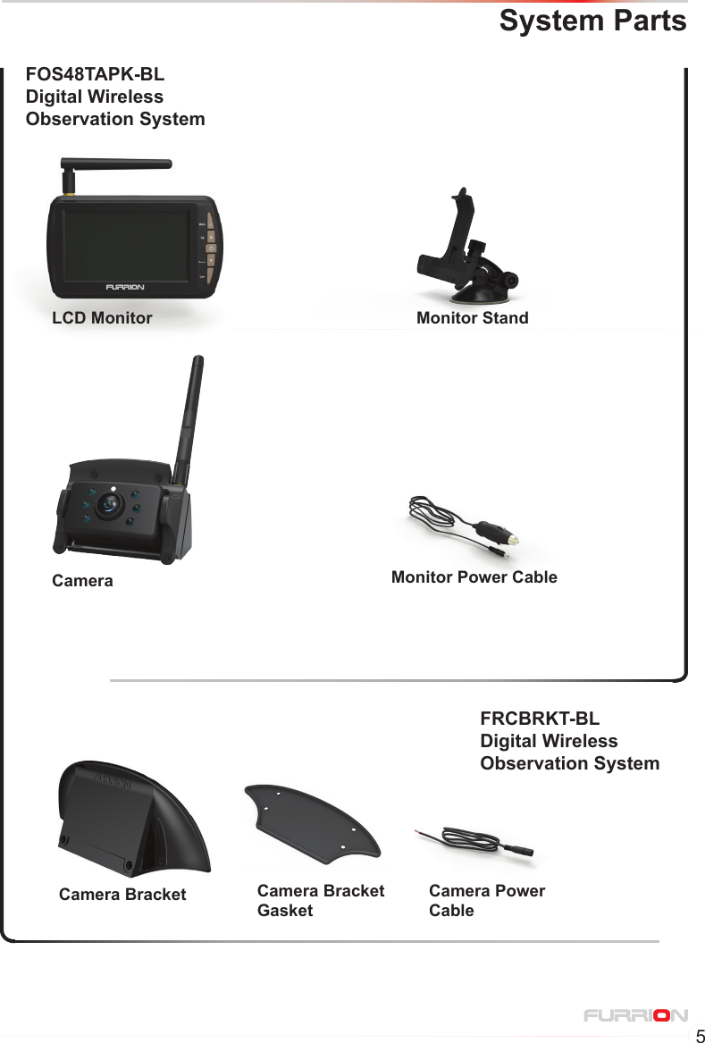 5System PartsLCD Monitor Monitor StandMonitor Power CableCameraCamera Bracket Camera BracketGasketCamera Power CableFOS48TAPK-BL Digital Wireless Observation SystemFRCBRKT-BL Digital Wireless Observation System