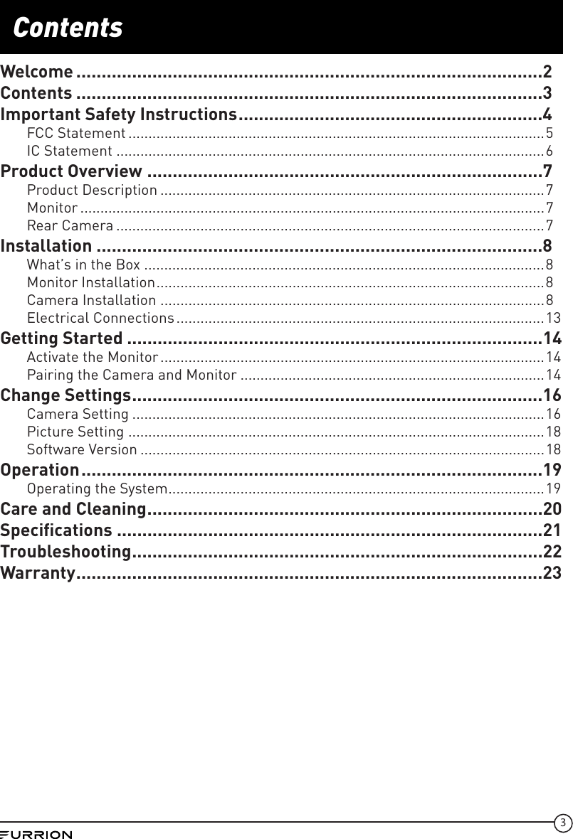Page 3 of Furrion FOS43TA Vision S Camera System - Monitor User Manual IM FCM00002 indd