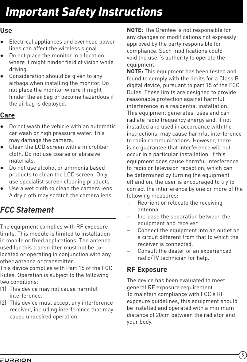 Page 5 of Furrion FOS43TA Vision S Camera System - Monitor User Manual IM FCM00002 indd