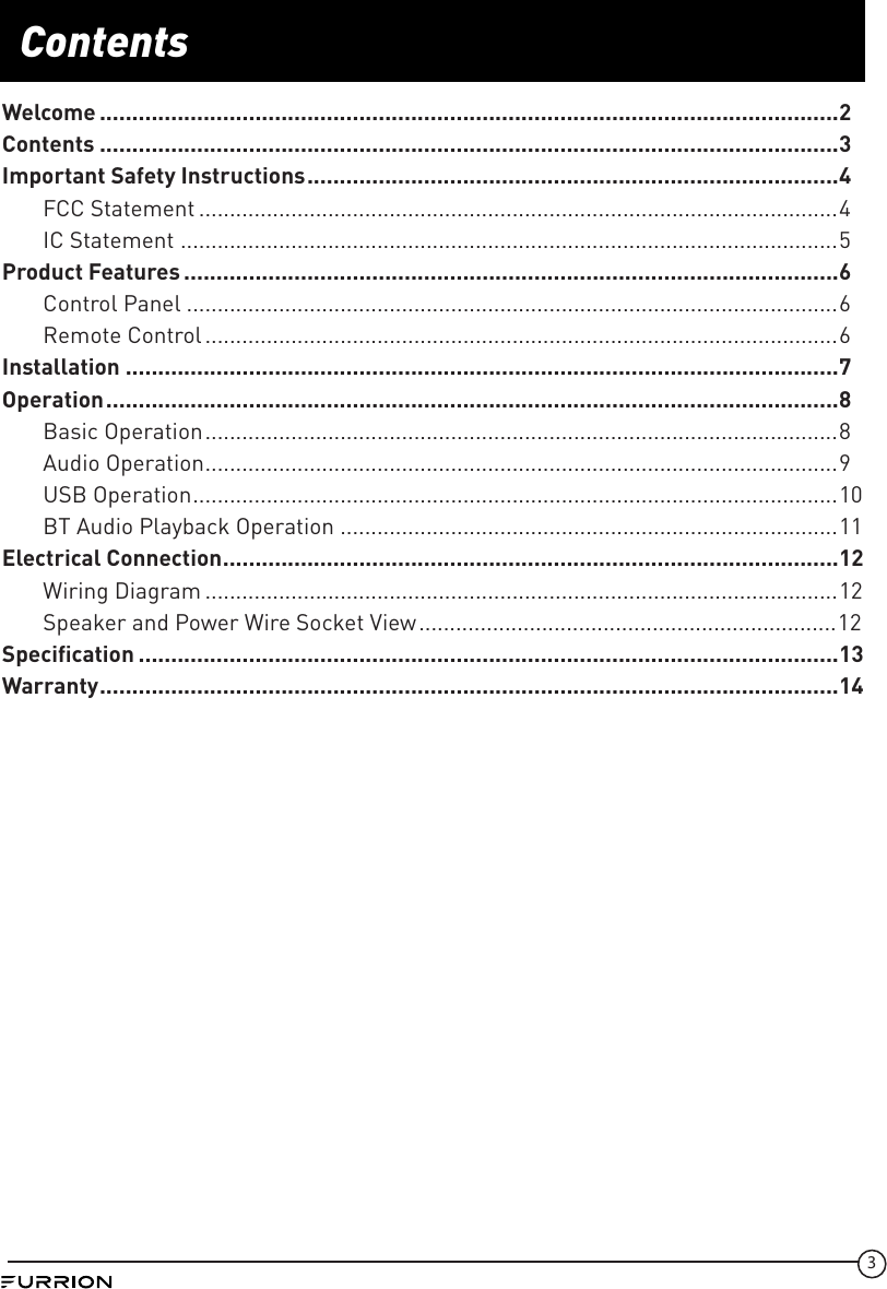 Page 4 of Furrion FSBN25M 4-Zone, 2.1Ch Sound Bar DC User Manual IM FAV00008