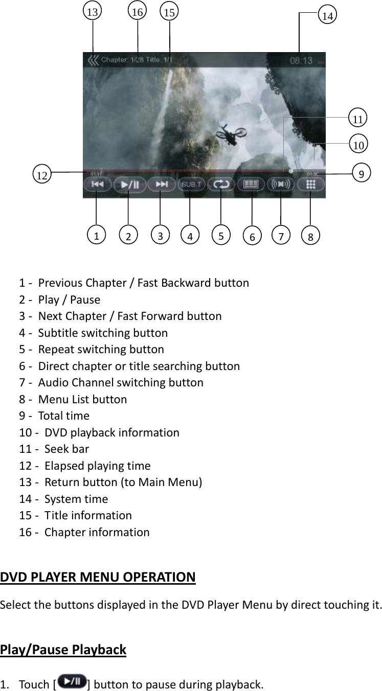             1 - Previous Chapter / Fast Backward button 2 - Play / Pause 3 - Next Chapter / Fast Forward button 4 - Subtitle switching button 5 - Repeat switching button 6 - Direct chapter or title searching button 7 - Audio Channel switching button 8 - Menu List button 9 - Total time 10 - DVD playback information 11 - Seek bar   12 - Elapsed playing time 13 - Return button (to Main Menu) 14 - System time   15 - Title information 16 - Chapter information  DVD PLAYER MENU OPERATION Select the buttons displayed in the DVD Player Menu by direct touching it.  Play/Pause Playback 1. Touch [ ] button to pause during playback. 10     16     14     15     6     5     3     4    2     7     11     1     8     12     9     13     
