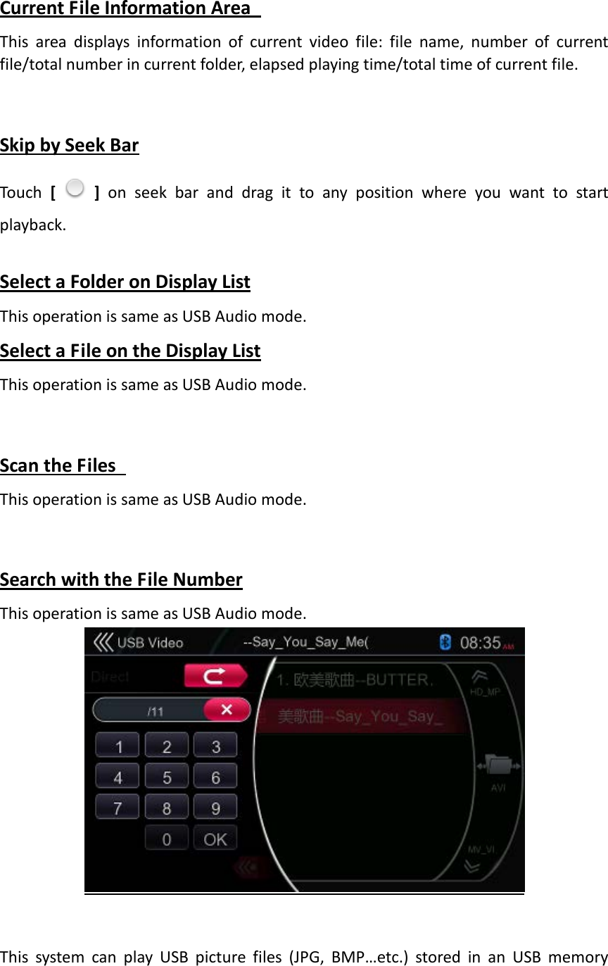  Current File Information Area   This area displays information of current video file: file name, number of current file/total number in current folder, elapsed playing time/total time of current file.  Skip by Seek Bar Touch  [    ] on seek bar and drag it to any position where you want to start playback.  Select a Folder on Display List This operation is same as USB Audio mode. Select a File on the Display List This operation is same as USB Audio mode.  Scan the Files   This operation is same as USB Audio mode.  Search with the File Number This operation is same as USB Audio mode.    This system can play USB picture files (JPG, BMP…etc.) stored in an USB memory 